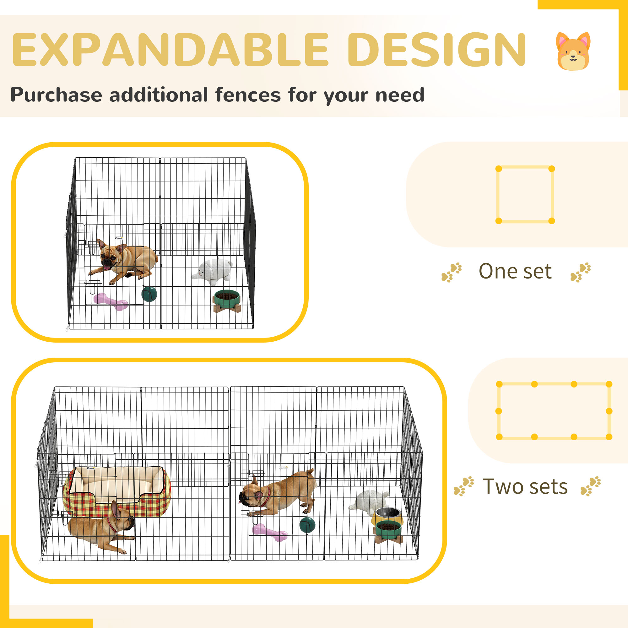 La imagen muestra opciones de vallas para perros expandibles. Un juego con un solo corral, dos juegos con un corral expandido con cama y juguetes.