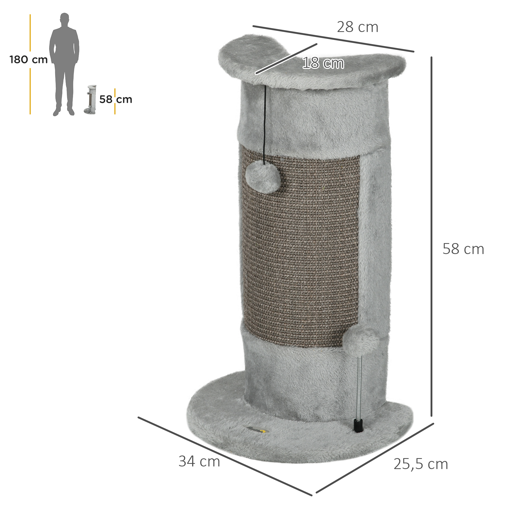 Árbol para gatos con dimensiones. El árbol para gatos gris tiene un poste rascador y una base redonda. Se indican las dimensiones.