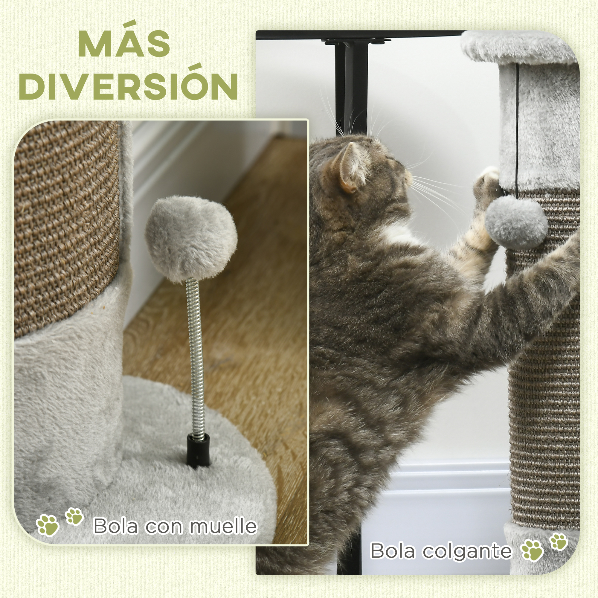 Un gato juega con un rascador. El árbol tiene un poste gris y una bola colgante. El gato alcanza la bola.