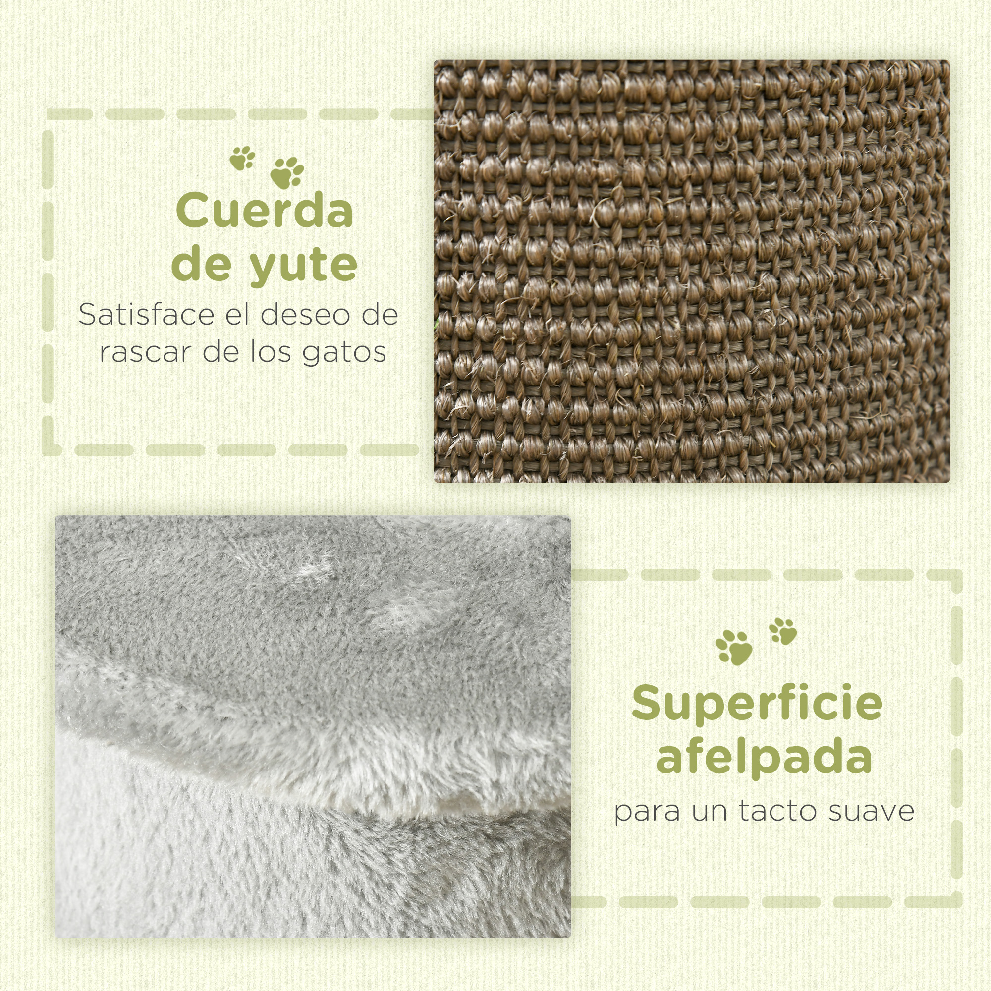 La imagen muestra primeros planos de materiales de rascador para gatos: cuerda de yute rugosa y tela de felpa gris suave, con texto descriptivo.
