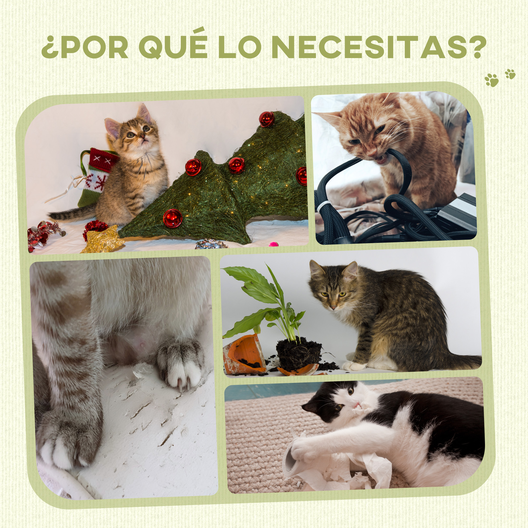 Gatos con árbol de Navidad, mordiendo cable, maceta rota y jugando con papel. La imagen es un collage.