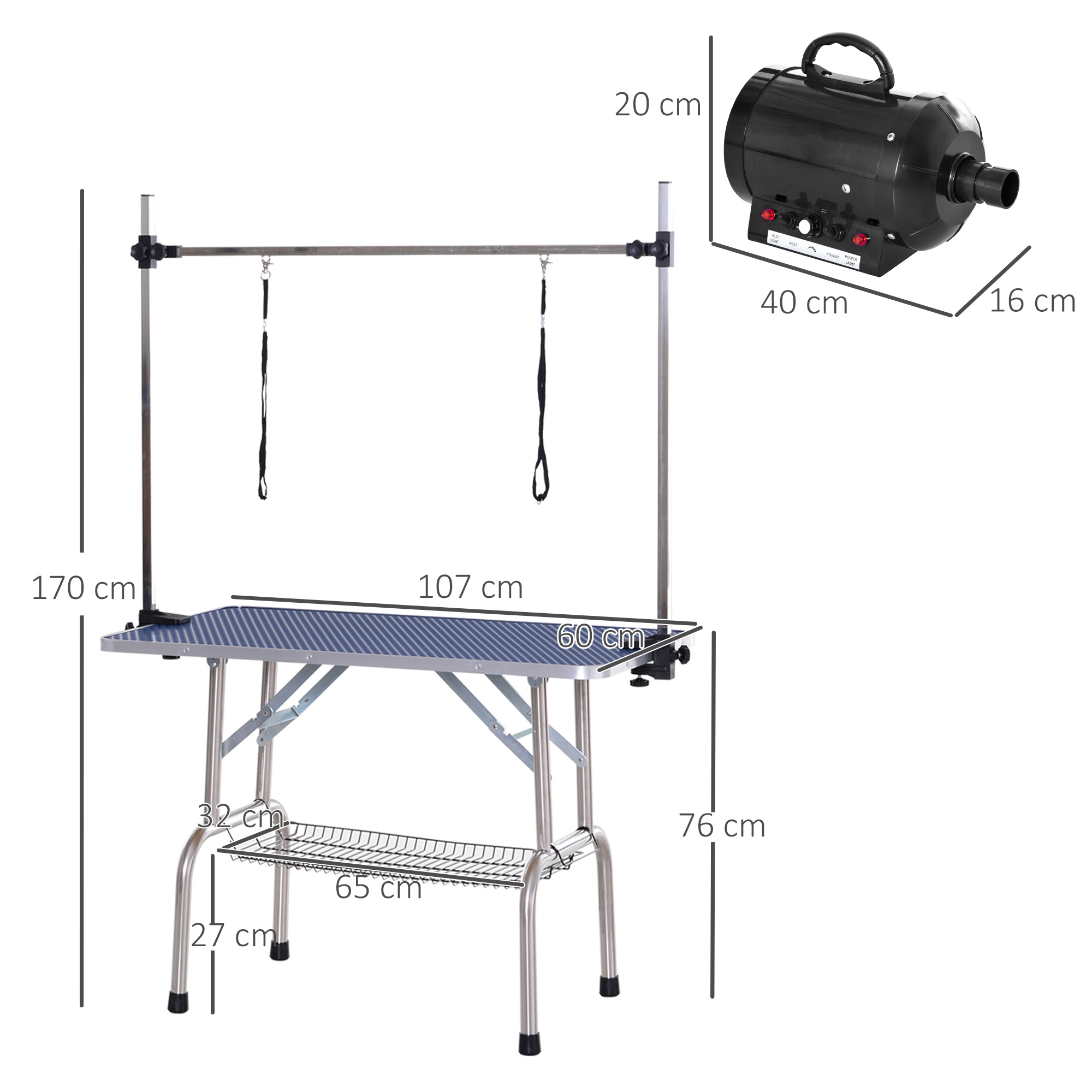 Una mesa de aseo con superficie azul, brazo ajustable y secador negro. Las dimensiones están etiquetadas en la imagen.