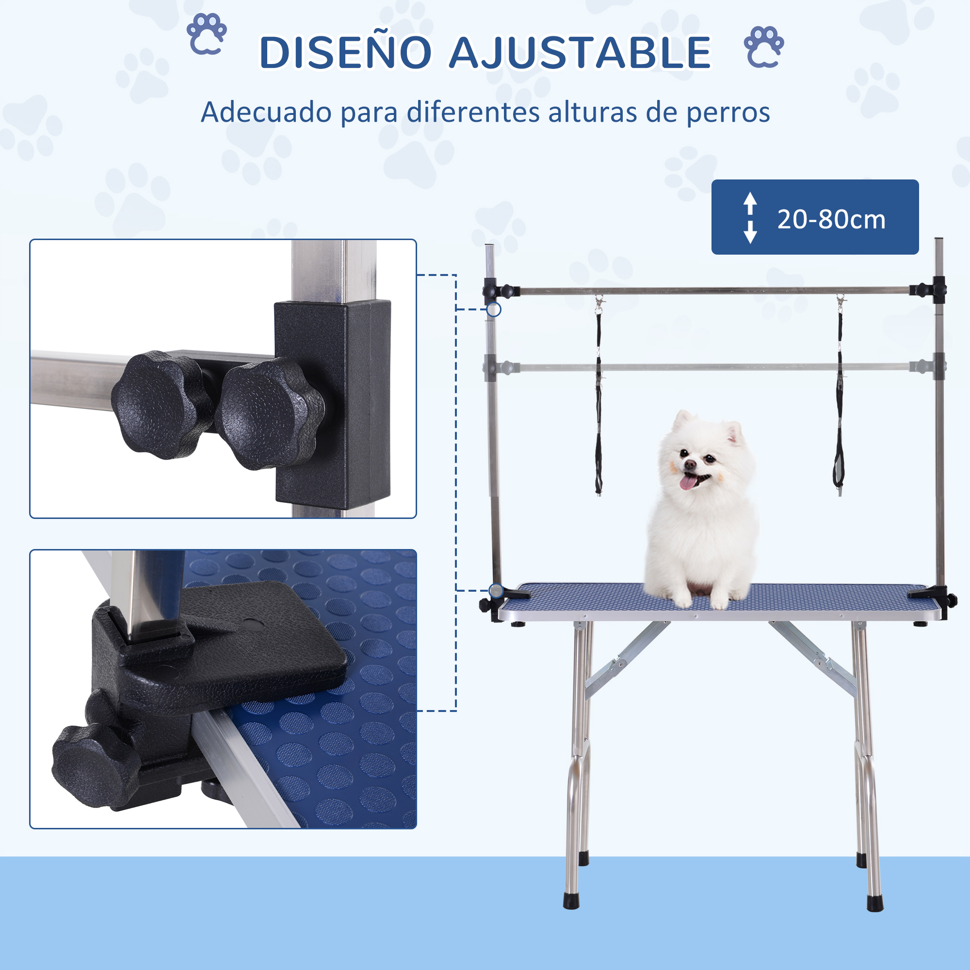 Un perro blanco en una mesa de aseo. La mesa tiene una superficie azul y altura ajustable. El texto dice 'diseño ajustable'.