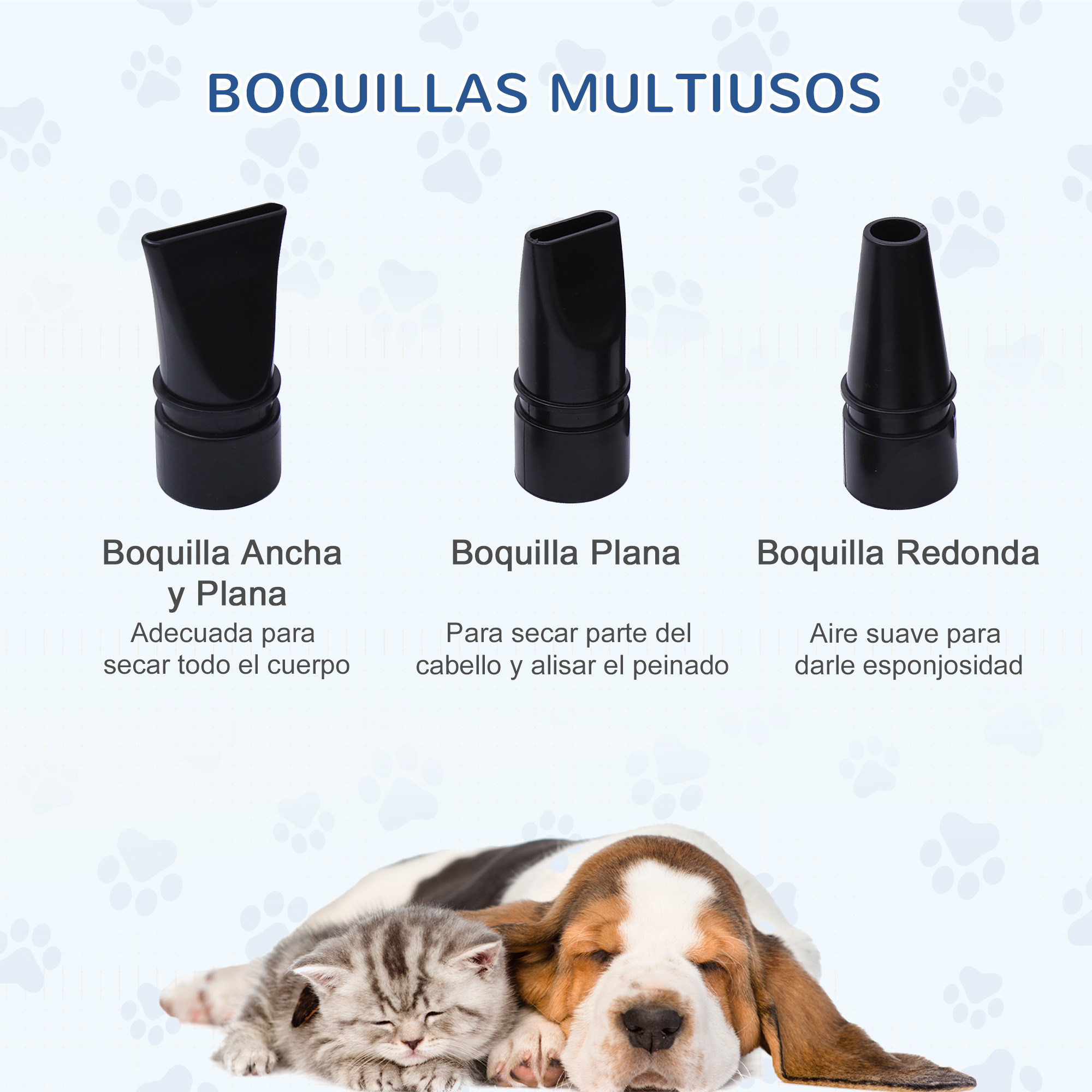 La imagen muestra tres boquillas negras para secador con descripciones. Abajo, un gato y un perro durmiendo juntos.