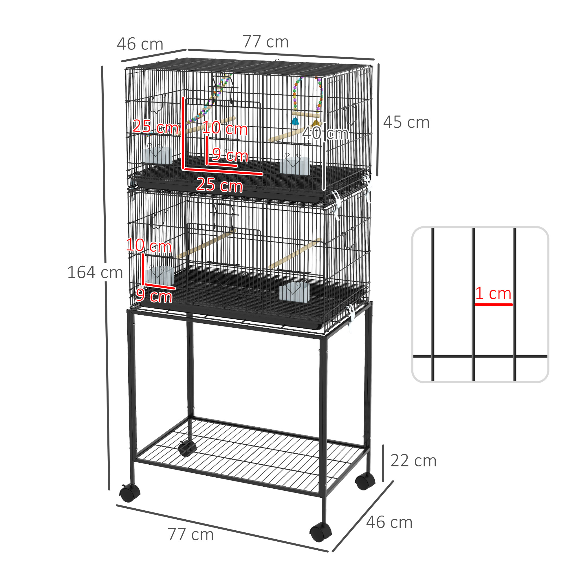 Una jaula de metal negro para pájaros con dimensiones etiquetadas, colocada sobre un soporte con ruedas. Tiene dos niveles, perchas y accesorios.
