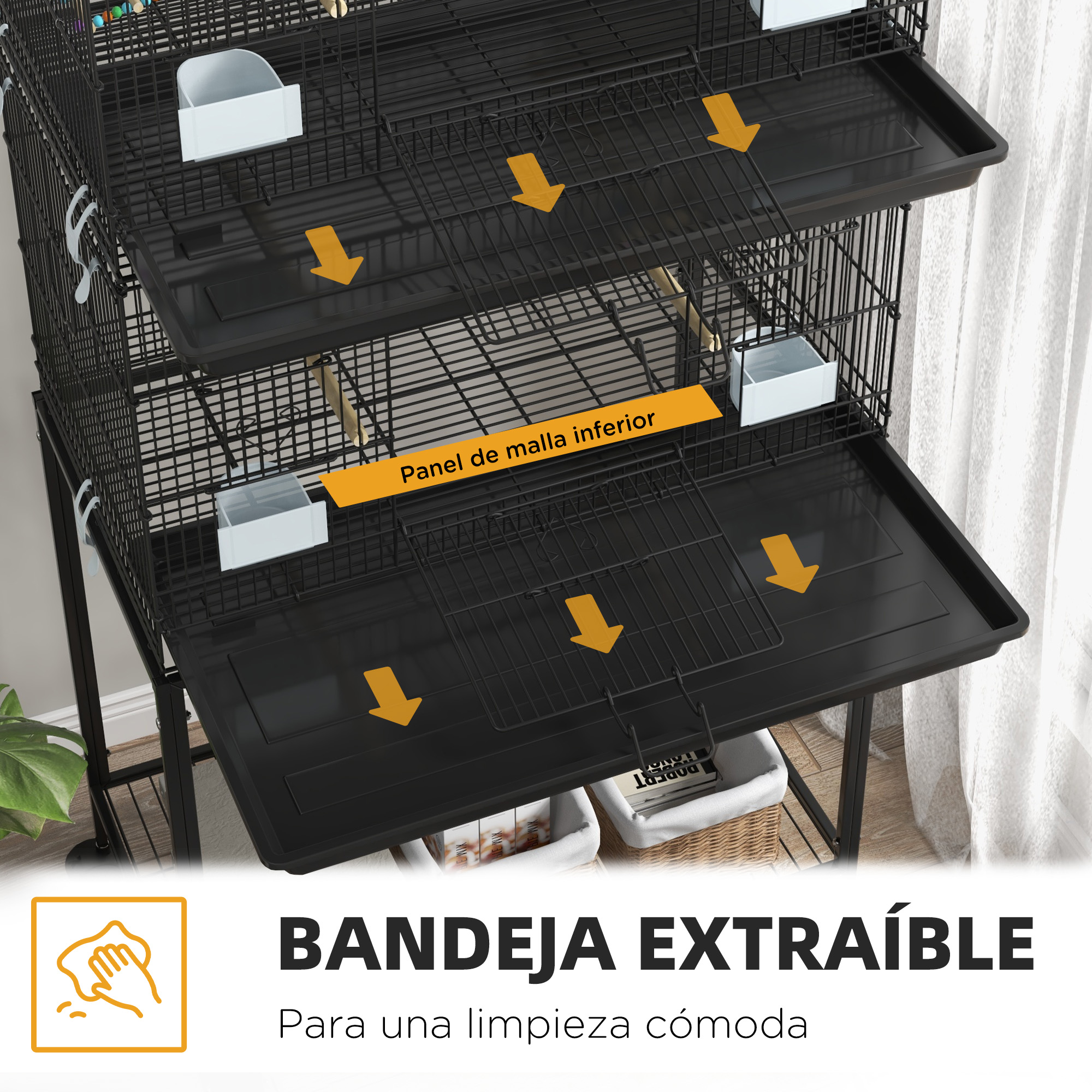 Jaula negra para pájaros con bandejas extraíbles. Flechas amarillas indican la dirección de la bandeja. Incluye recipientes blancos y texto.