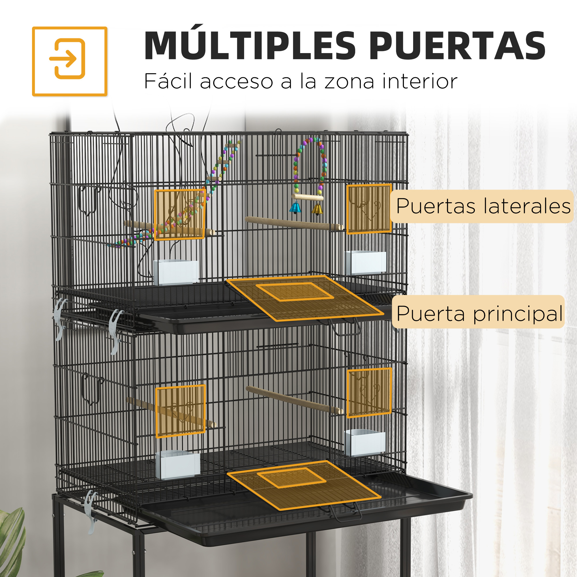Una jaula negra para pájaros con múltiples puertas, etiquetadas como 'Puertas laterales' y 'Puerta principal', con juguetes dentro.