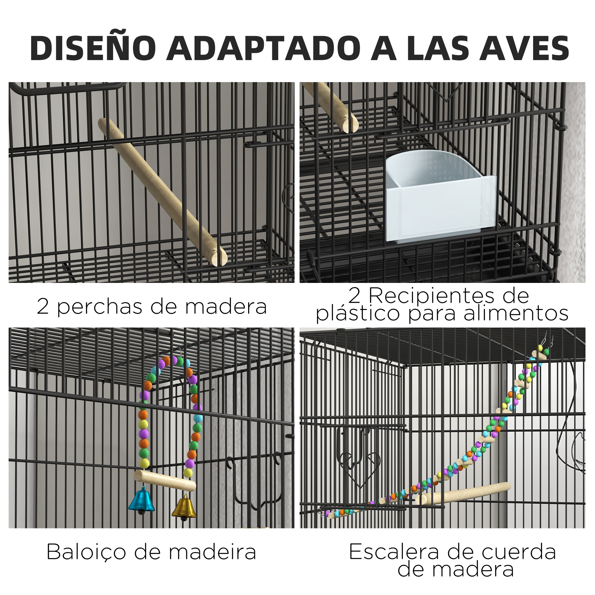 La imagen muestra una jaula para pájaros con perchas de madera, recipientes para alimentos, un columpio con campanas y una escalera de cuentas. El texto dice 'Diseñado para aves'.