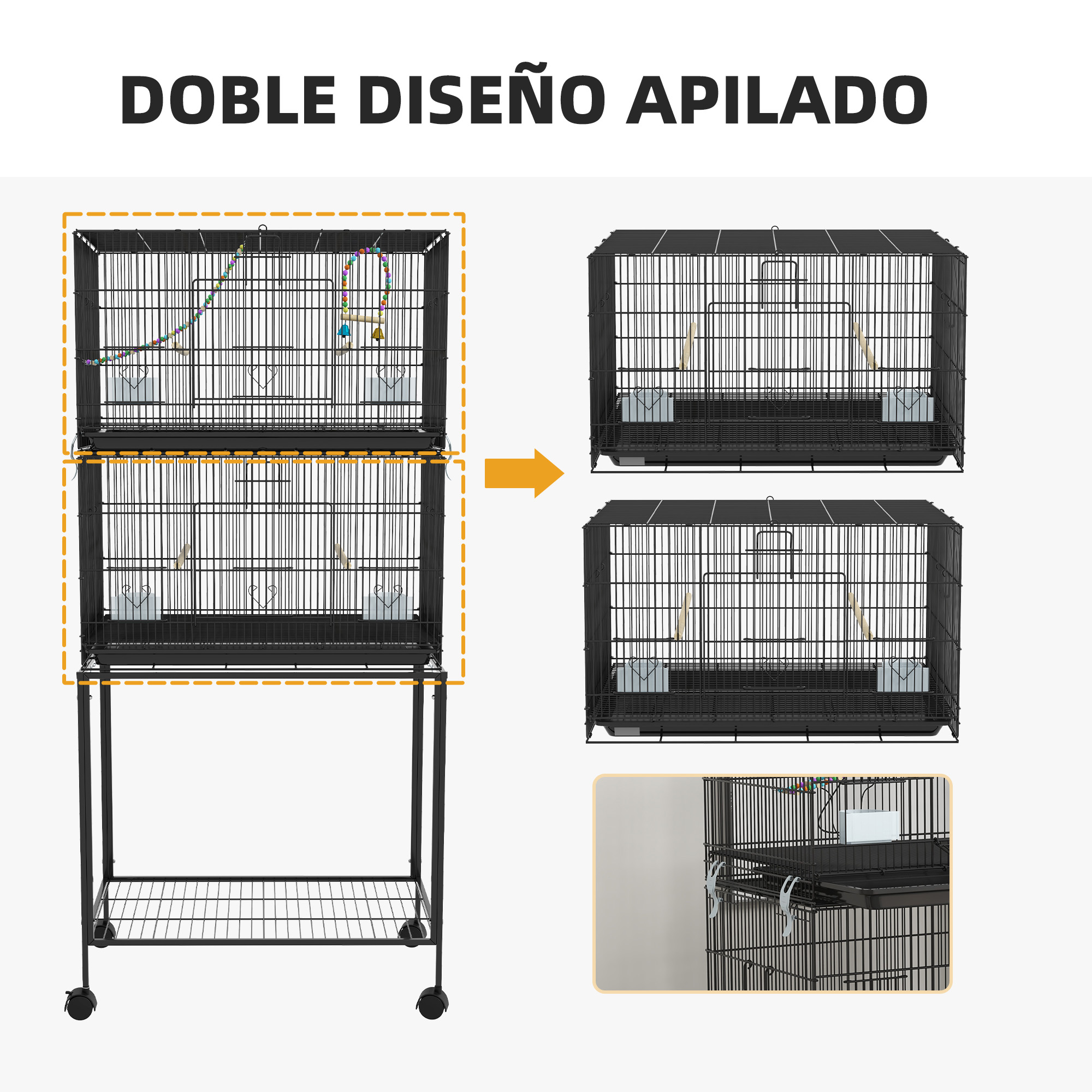Ilustración del diseño de una jaula para pájaros negra. Muestra una jaula doble apilada, con dos jaulas adicionales. Tiene un soporte con ruedas.