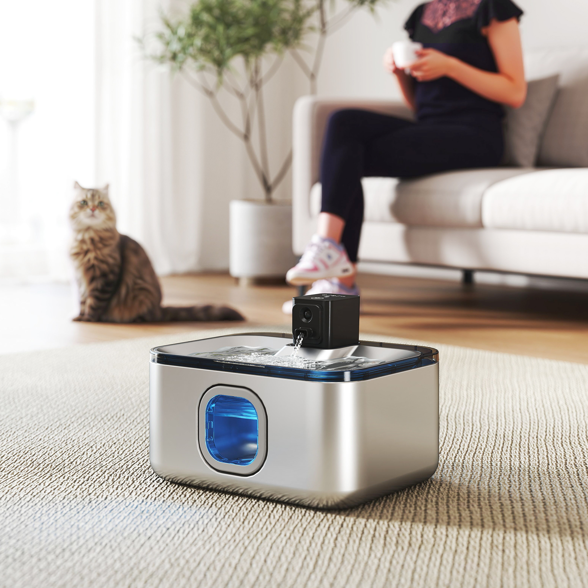 Un gato está cerca de una fuente de agua. Una persona está sentada en un sofá sosteniendo una taza. La escena es en una sala de estar.