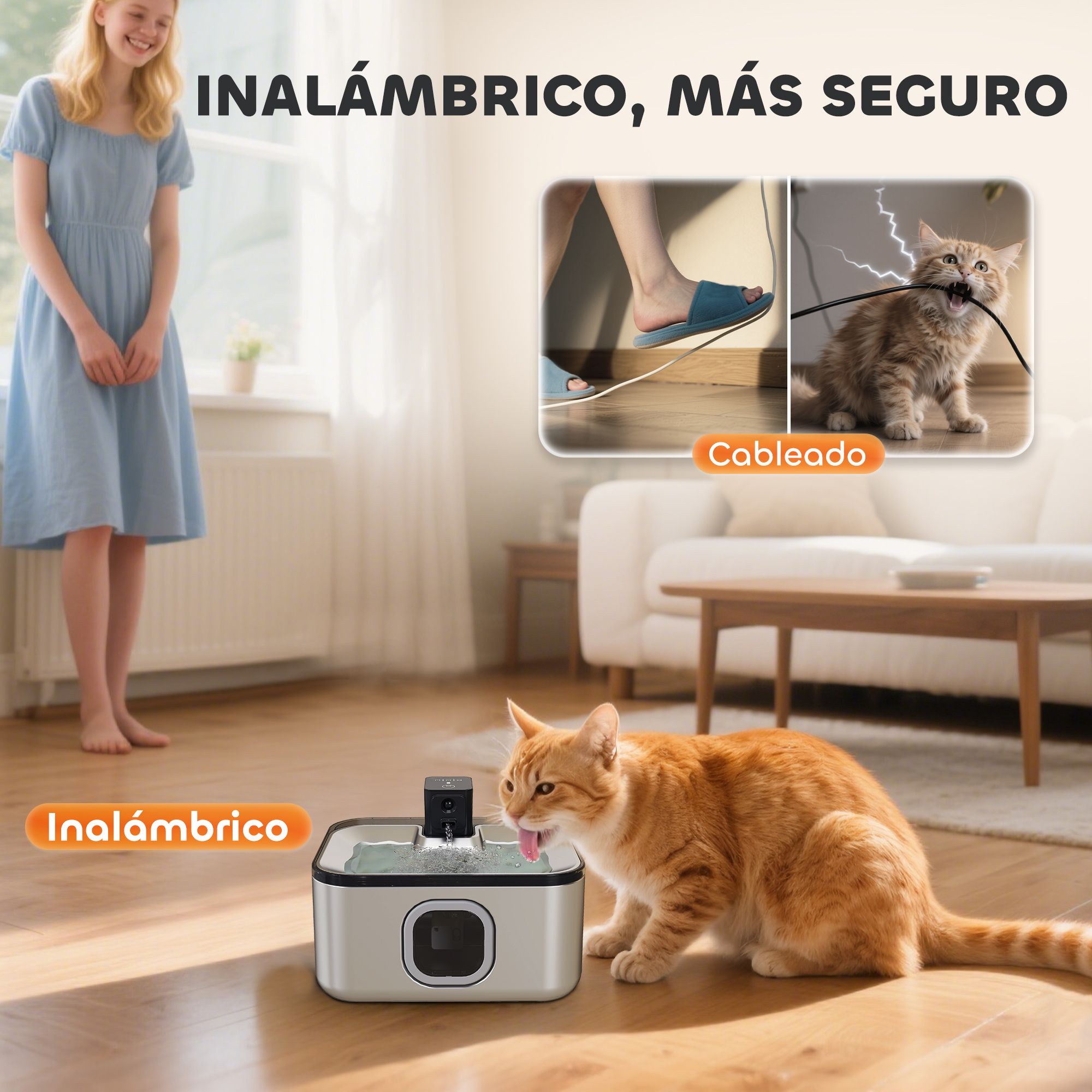 Mujer y gato cerca de una fuente de agua. Gato bebe de la fuente. Otro gato mastica un cable. El texto dice 'Inalámbrico, más seguro'.