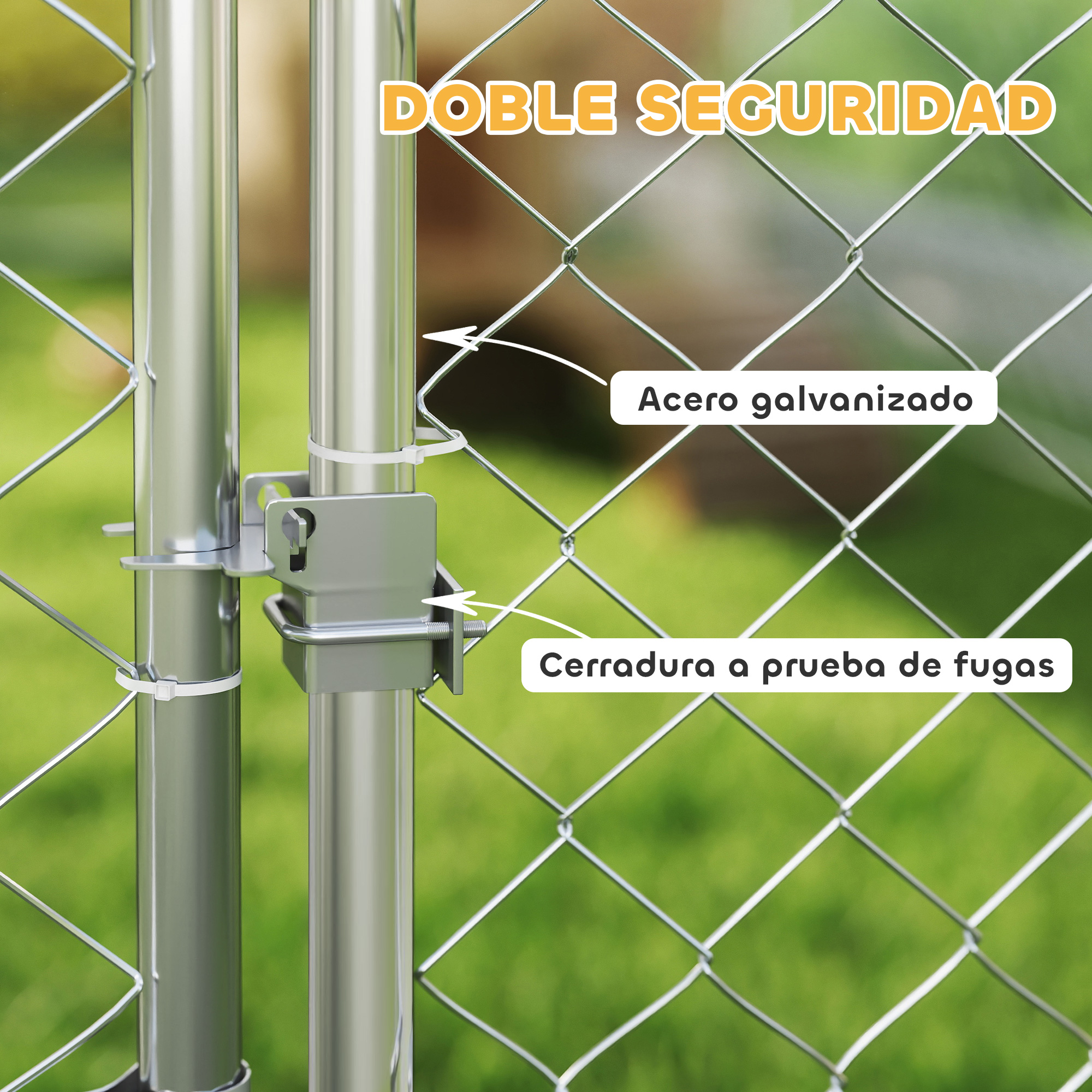 Primer plano de una puerta metálica con pestillo. Las etiquetas de texto detallan características como acero galvanizado y cerradura a prueba de fugas.