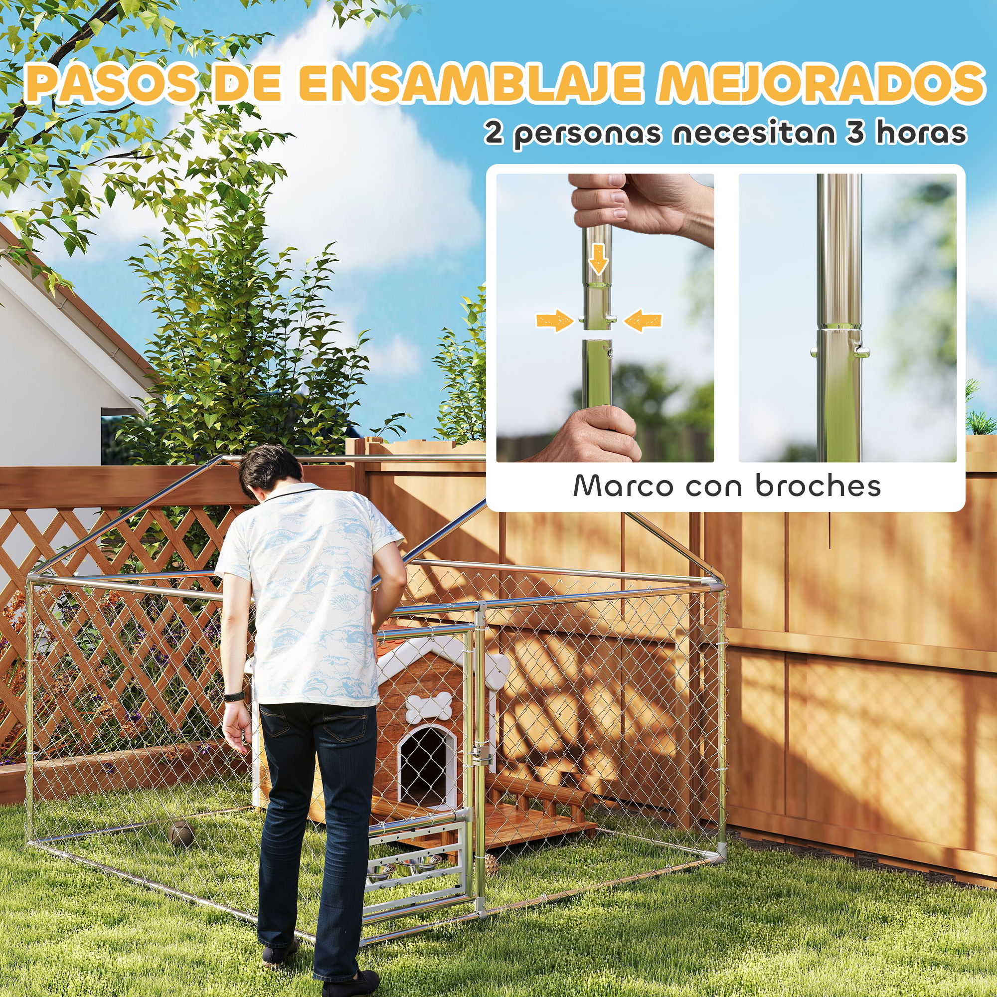 Un hombre ensamblando una caseta para perros sobre hierba verde. Las instrucciones muestran piezas metálicas, con texto en español. Se ven una valla y una casa.
