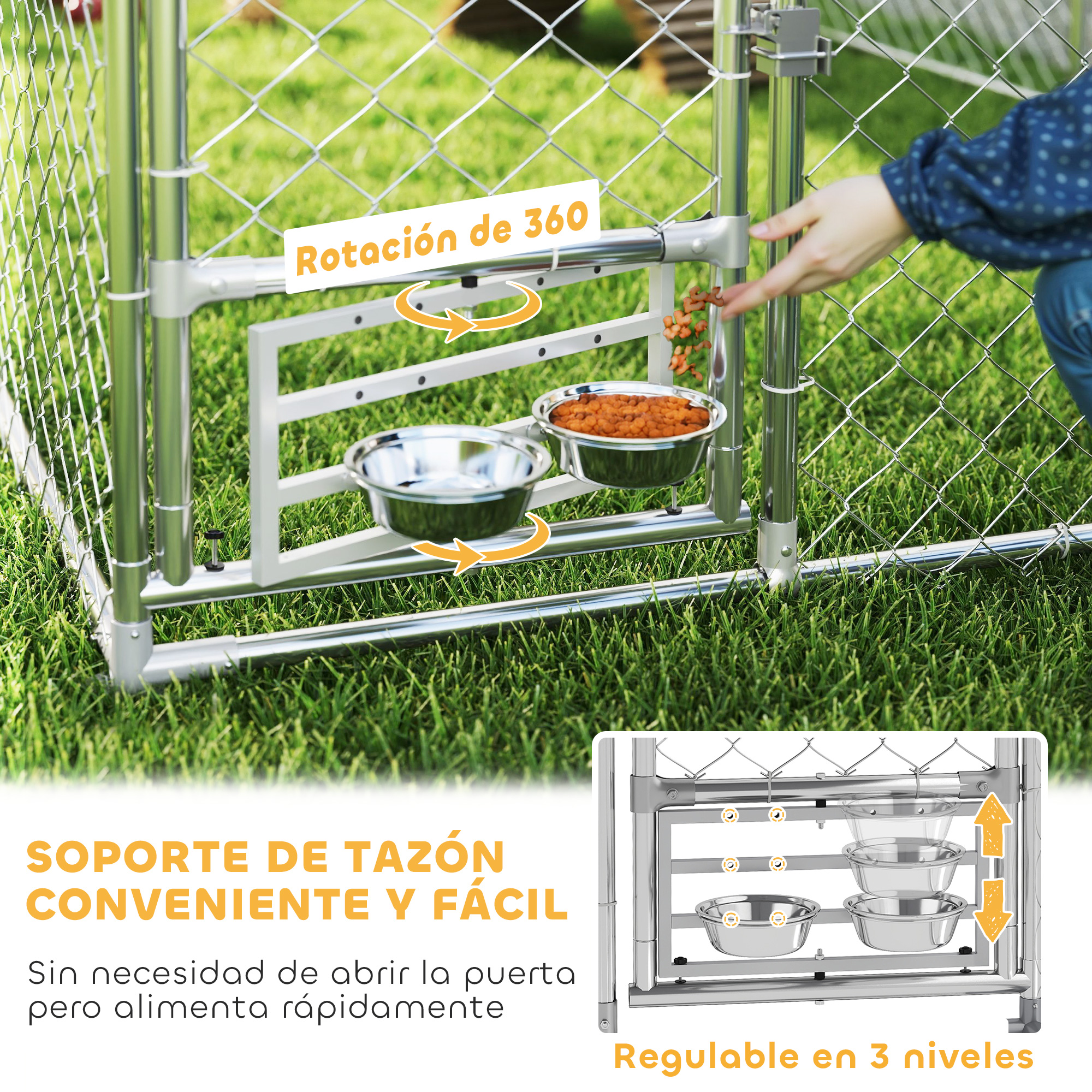 Un comedero para perros en un recinto metálico. Una mano coloca comida en el cuenco. El comedero tiene 3 niveles ajustables.
