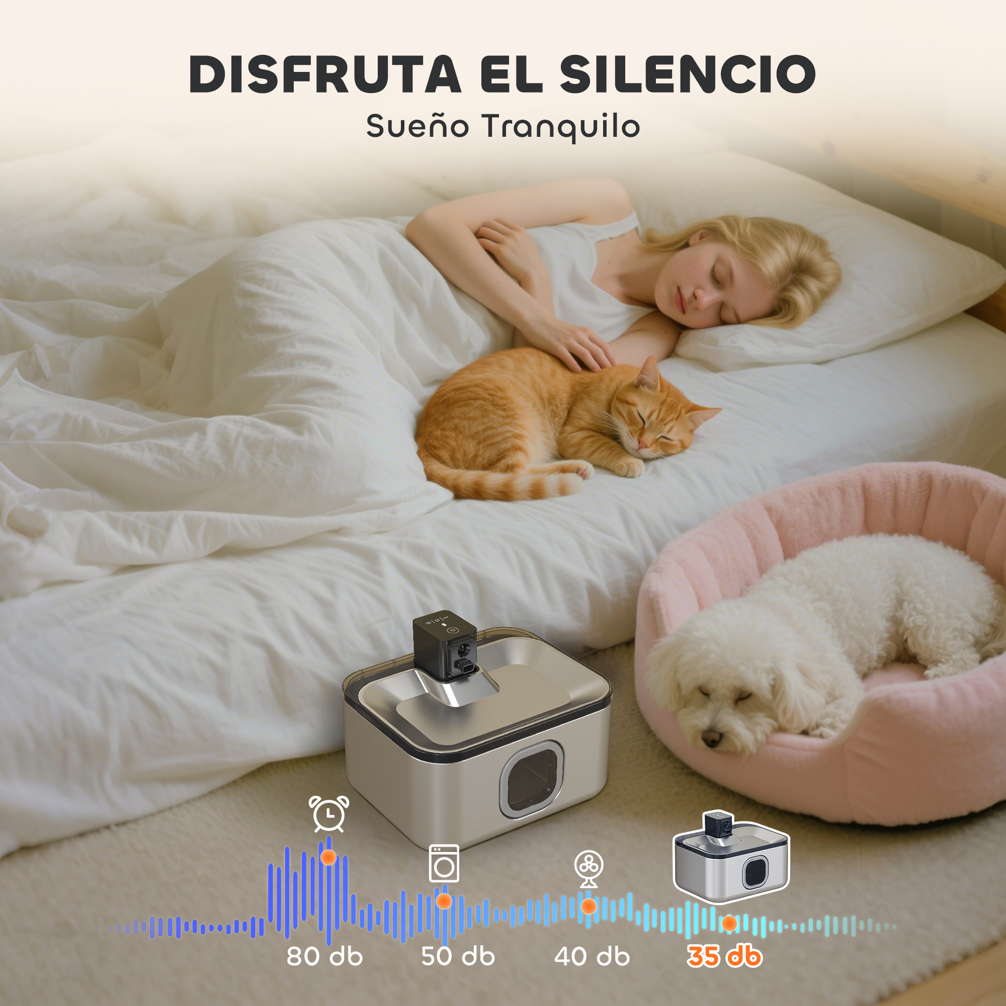 Una mujer duerme en la cama con un gato. Un perro en una cama rosa. Una máquina de sonido está al frente.