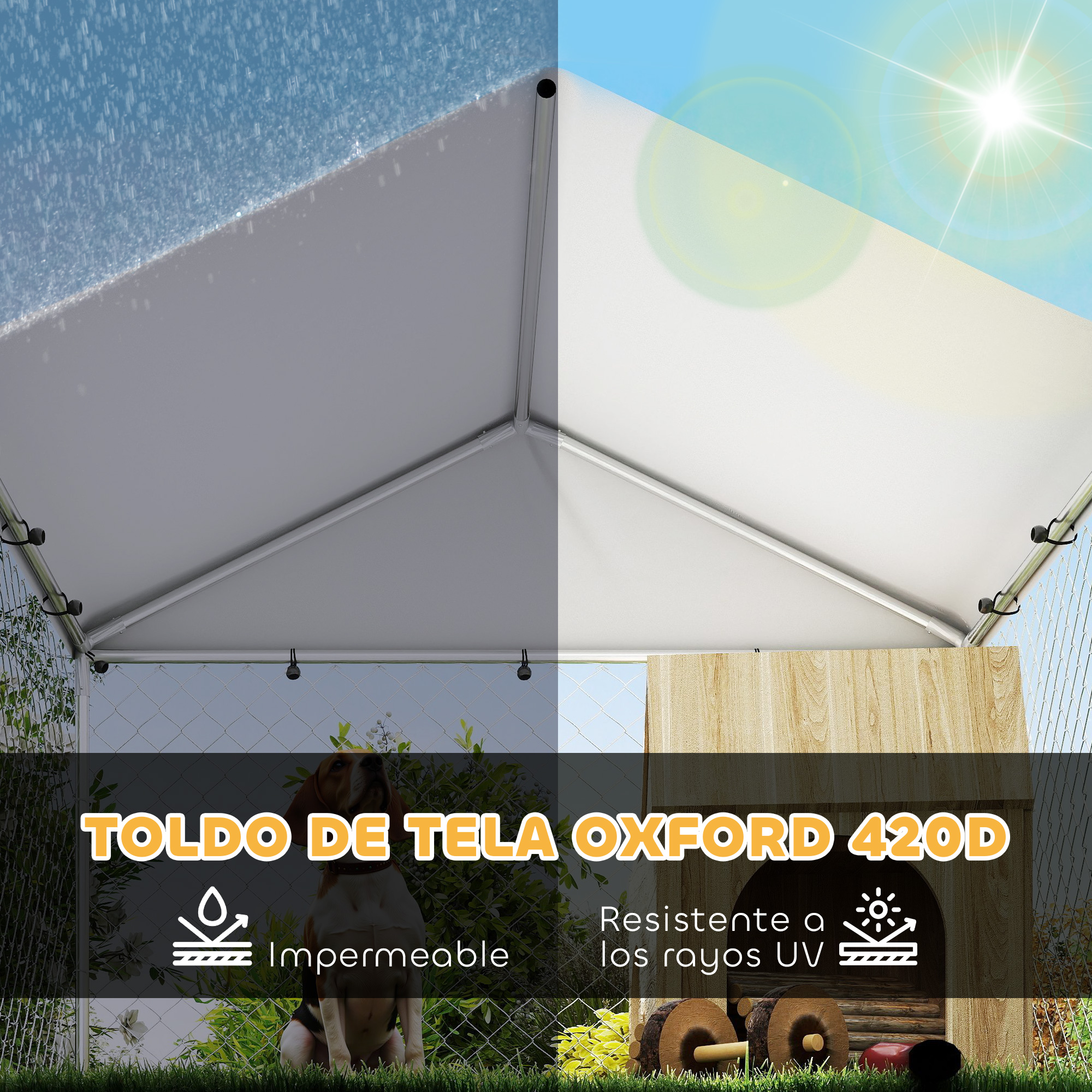 Un perro está sentado bajo una lona blanca. La lona tiene las palabras 'Toldo de Tela Oxford 420D'. Es impermeable y resistente a los rayos UV.