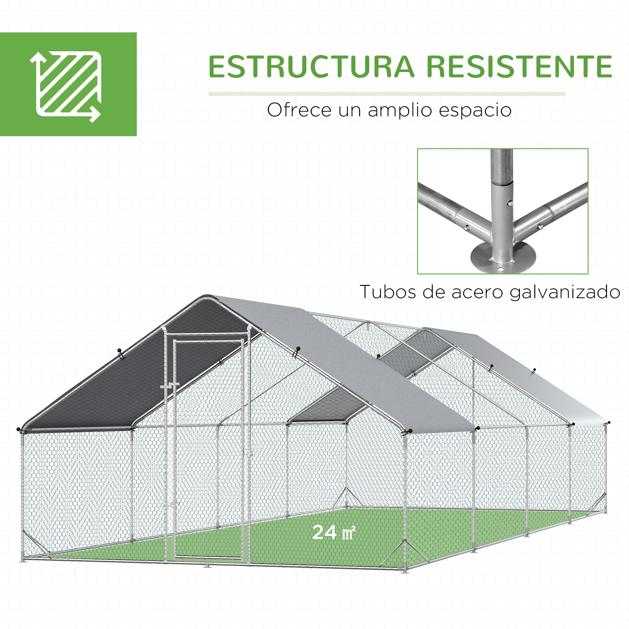 Una estructura metálica grande con malla de alambre, techo gris y base verde, diseñada para uso exterior.