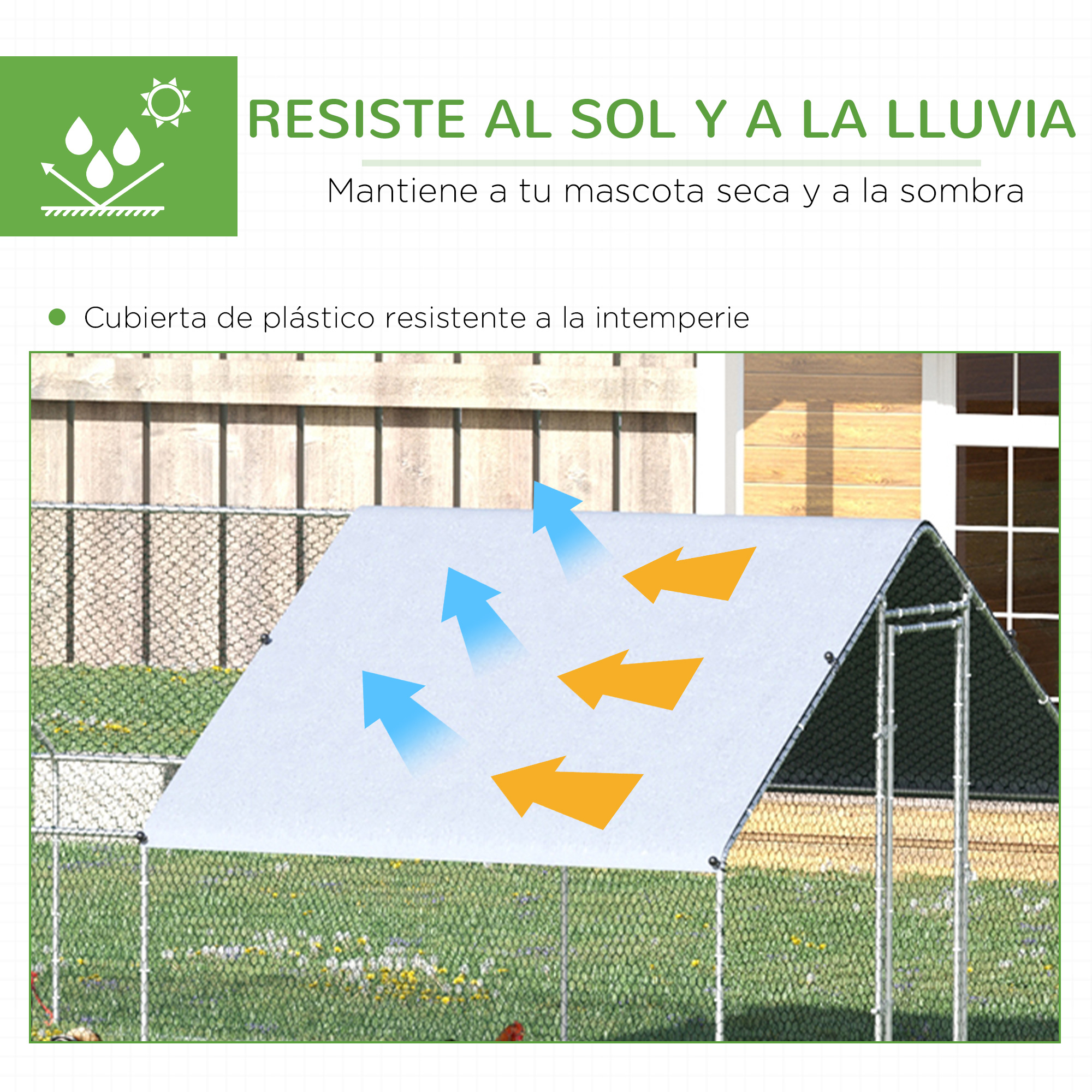 Un toldo blanco sobre un recinto para mascotas. La imagen incluye flechas que ilustran la resistencia al sol y la lluvia.