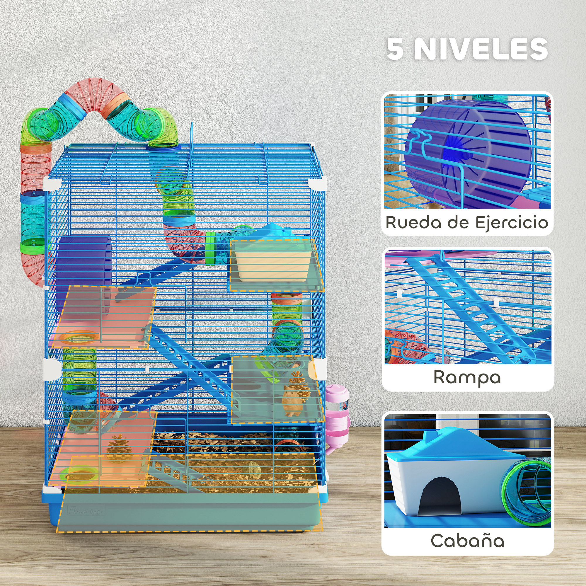 Una jaula azul para hámsteres con múltiples niveles, tubos y accesorios. Incluye una rueda, rampa y casita.