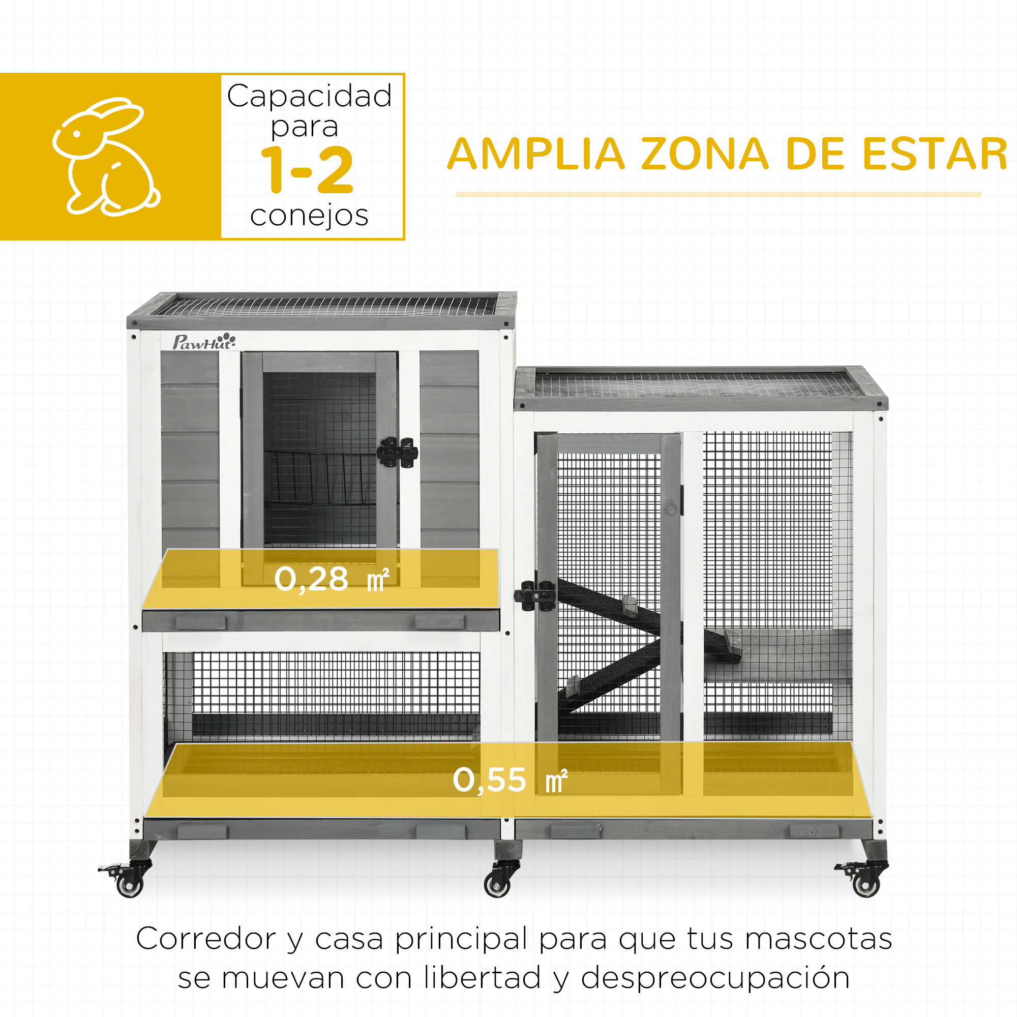 Una conejera de dos niveles, gris y blanco, con puerta de malla metálica. Tiene ruedas y zona amarilla.