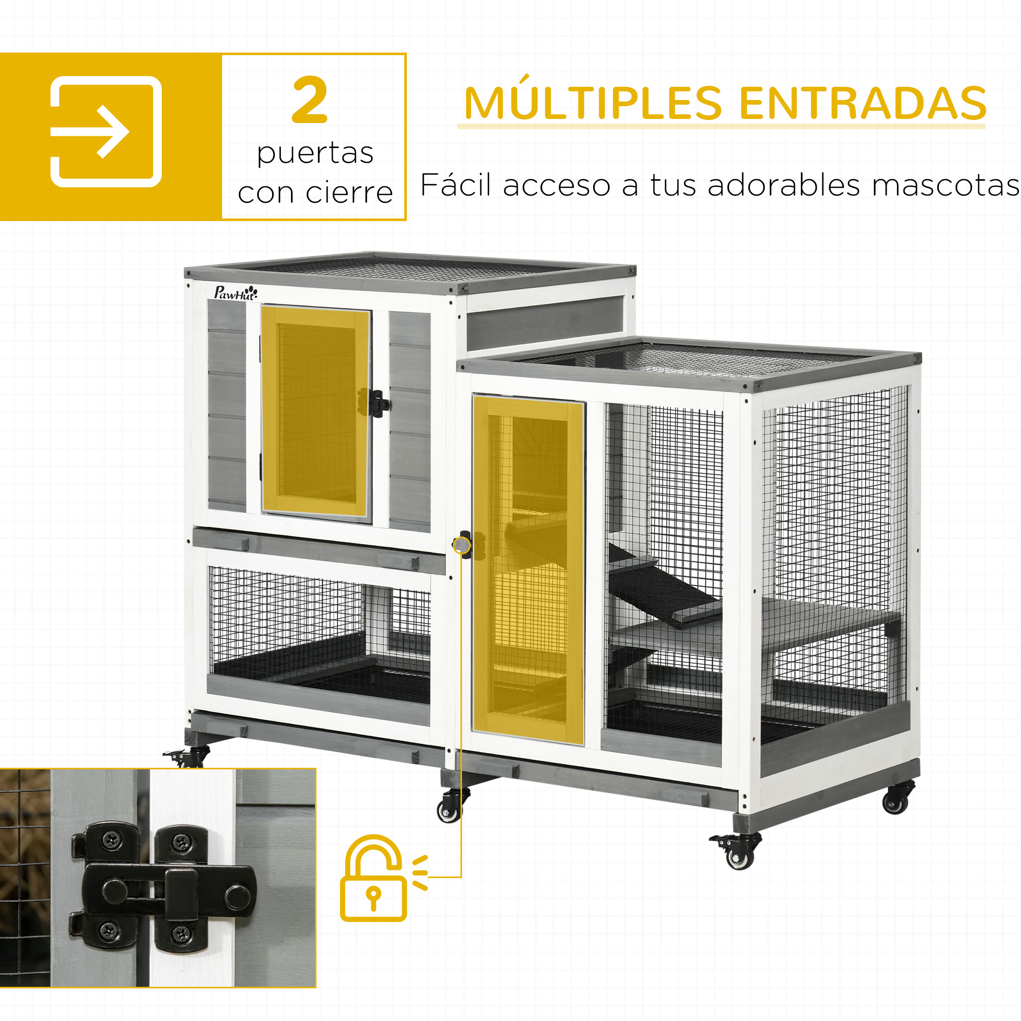 Una casa para mascotas con dos compartimentos. Construcción de madera blanca y gris con puertas de malla de alambre, puertas resaltadas en amarillo y ruedas.