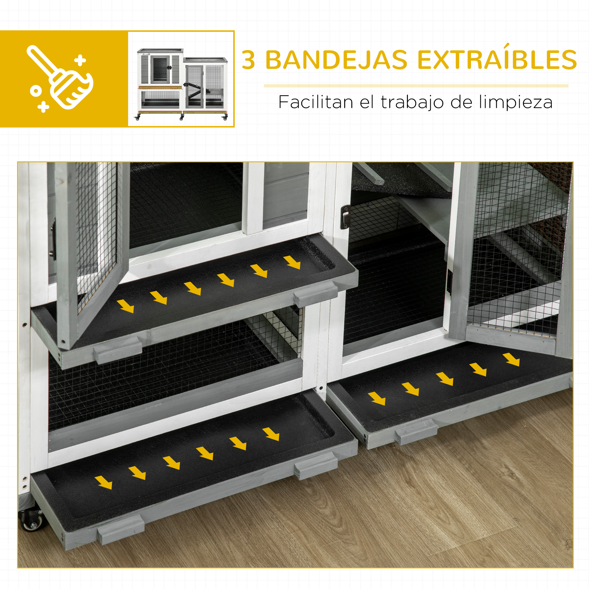 Una jaula de madera para mascotas con tres bandejas extraíbles. La jaula es blanca y gris. Flechas amarillas indican la dirección de la bandeja.