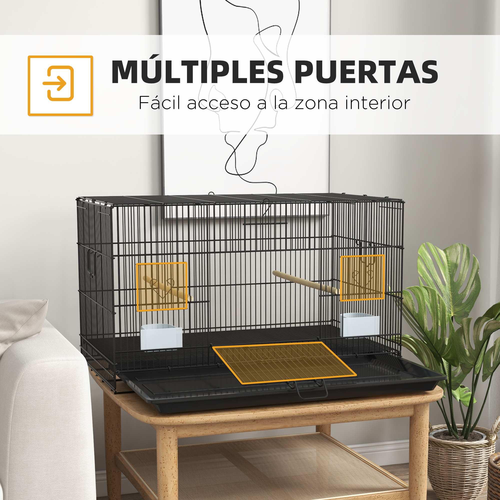 Jaula negra para pájaros sobre una mesa de madera, con una planta y un sofá blanco al fondo. La jaula tiene múltiples puertas.