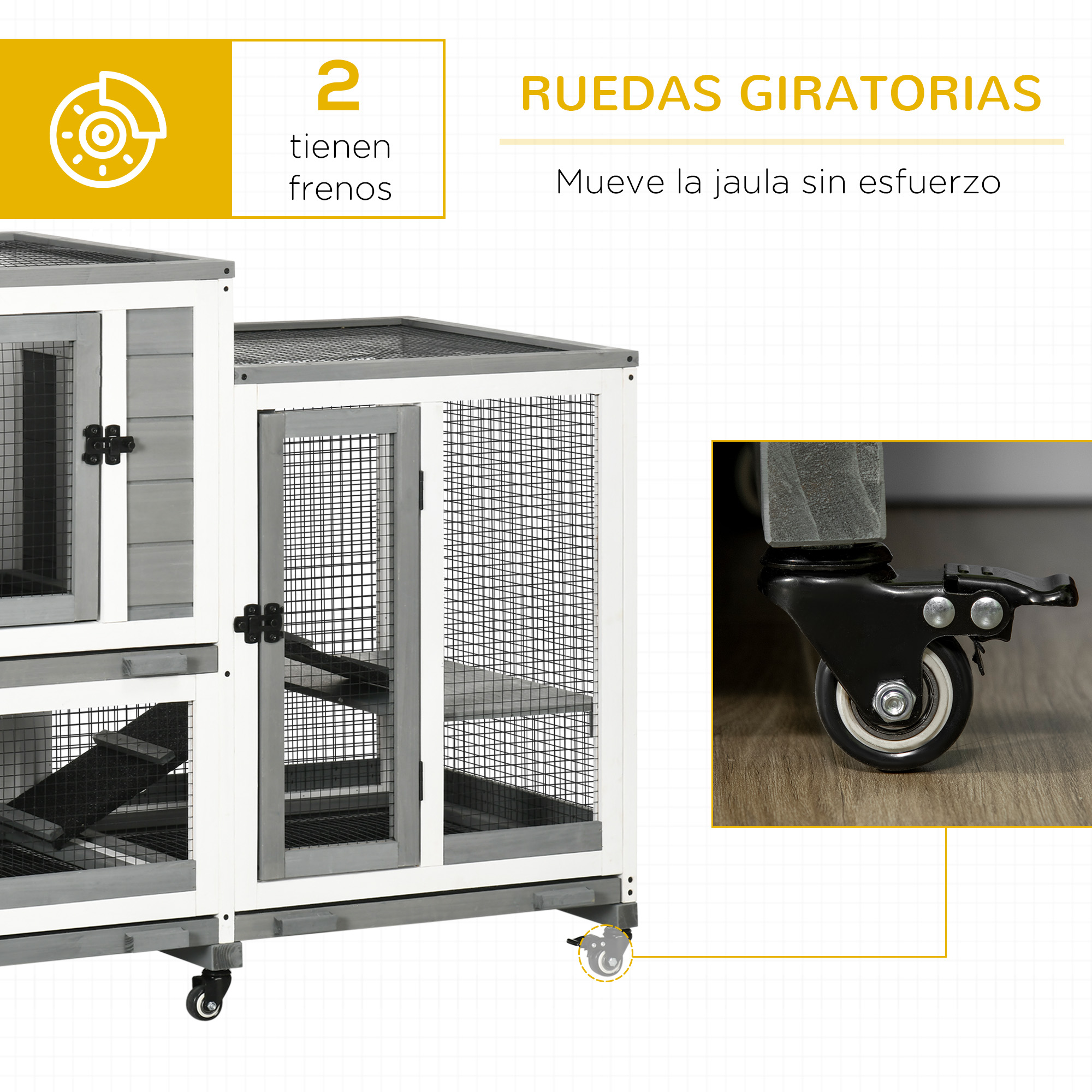 Una jaula de madera blanca y gris con puertas de malla de alambre y una rampa. Se apoya sobre ruedas, con un gráfico amarillo que indica frenos.