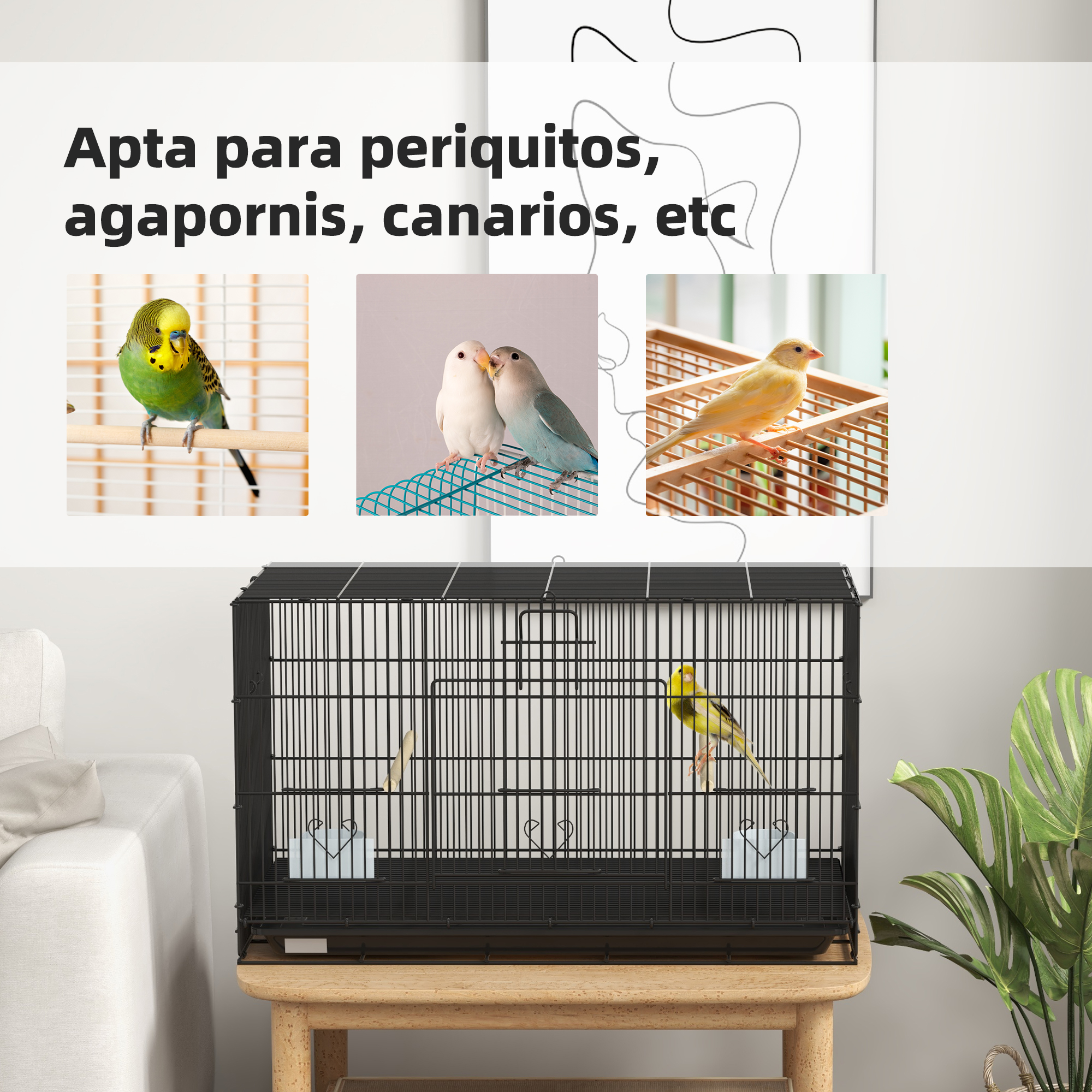 La imagen muestra una jaula negra con un pájaro amarillo dentro y tres imágenes más pequeñas de pájaros. El texto dice 'Apta para periquitos...'