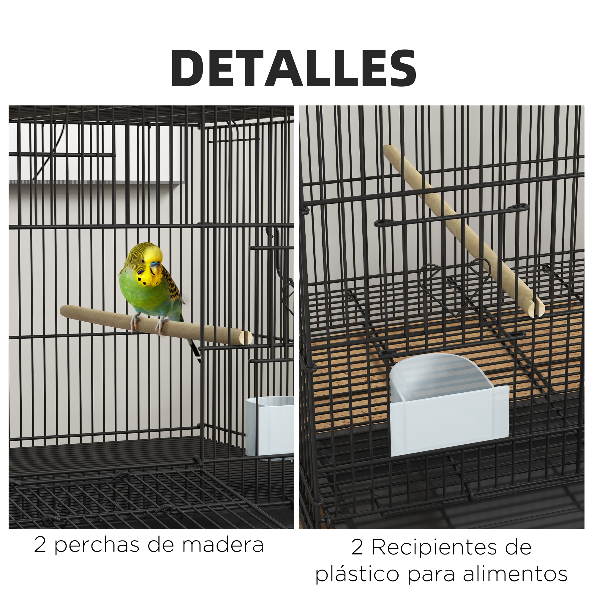 Un pájaro en una jaula con dos perchas. La jaula contiene recipientes para alimentos. El texto dice 'DETALLES'.