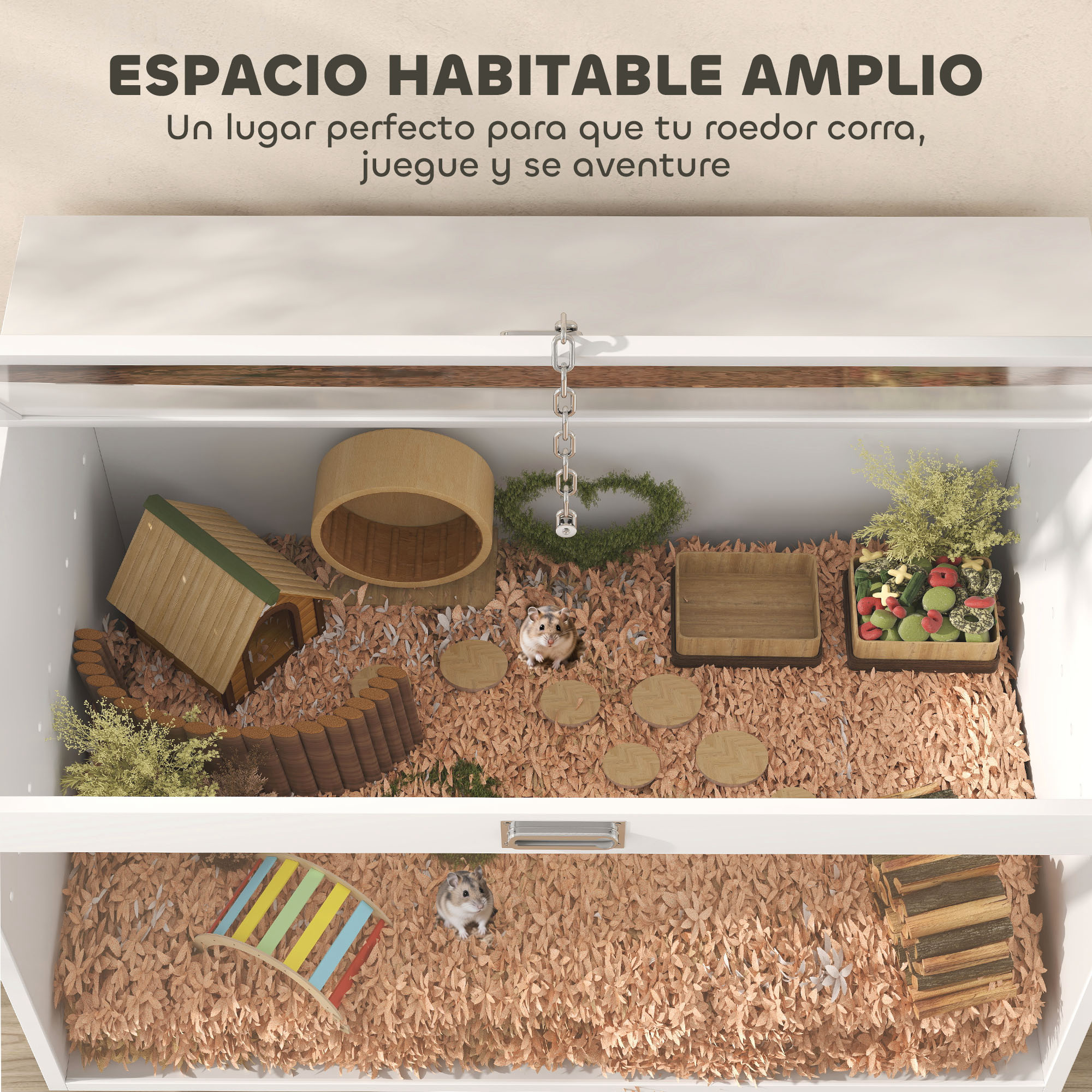 Hábitat para hámsters con casa, rueda y juguetes. Cama beige, dos hámsters y una escalera colorida. Texto superior: ESPACIO HABITABLE AMPLIO.