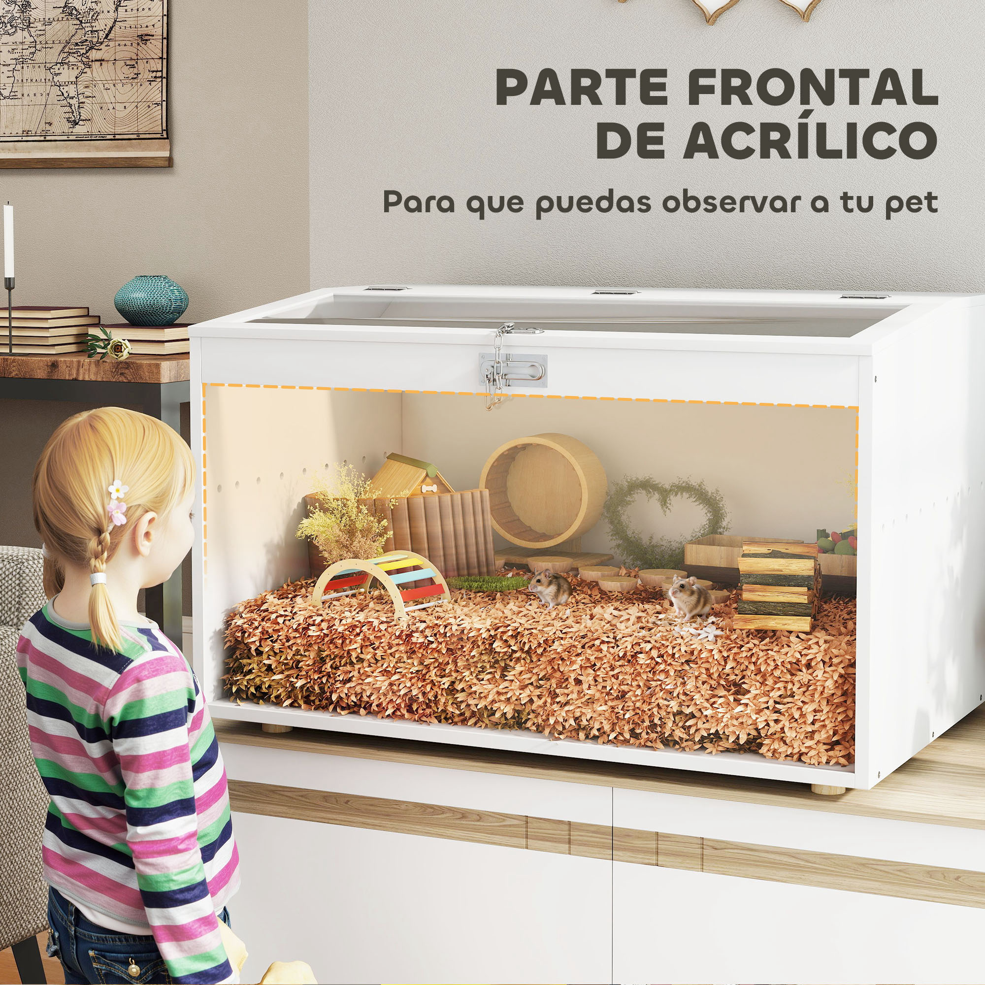 Una niña mira un hábitat de hámsteres. El hábitat es blanco con una parte frontal transparente. Hay hámsteres, juguetes y lechos dentro.