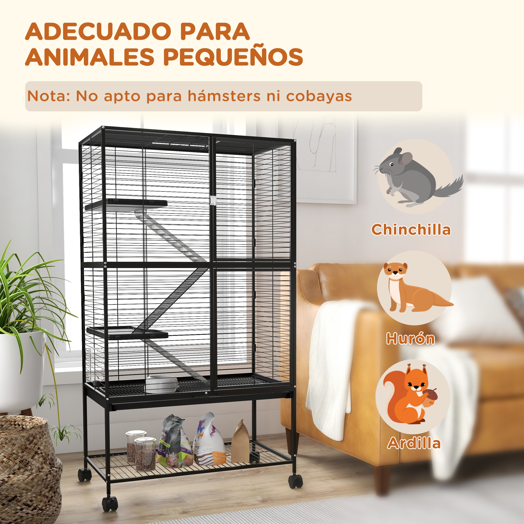 Jaula negra para mascotas con accesorios, una planta e ilustraciones de animales pequeños. El texto indica que la jaula es para mascotas pequeñas, no hámsters ni cobayas.