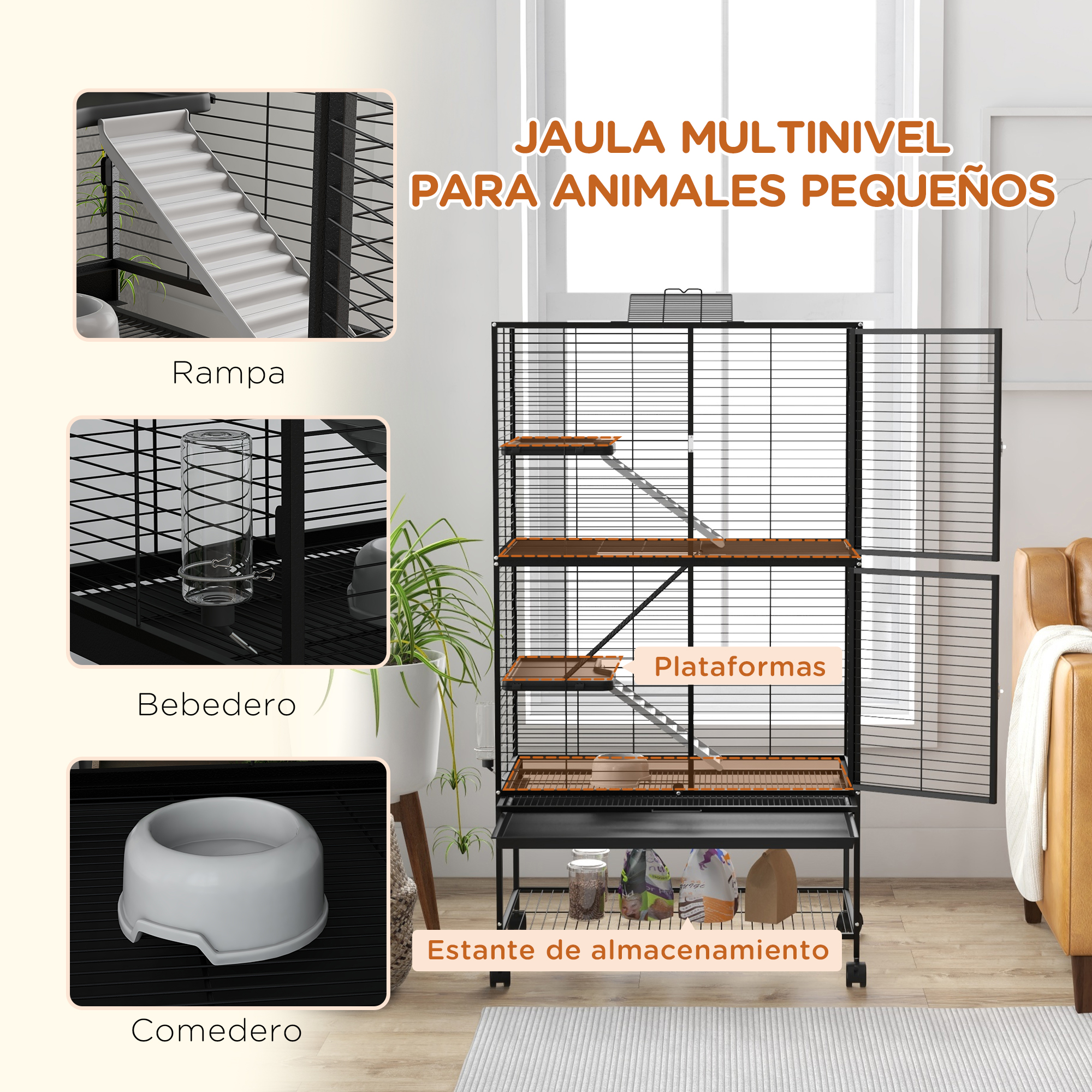 Una jaula para mascotas negra multinivel con rampas y plataformas. Incluye un bebedero, un comedero y un estante. La puerta de la jaula está abierta.