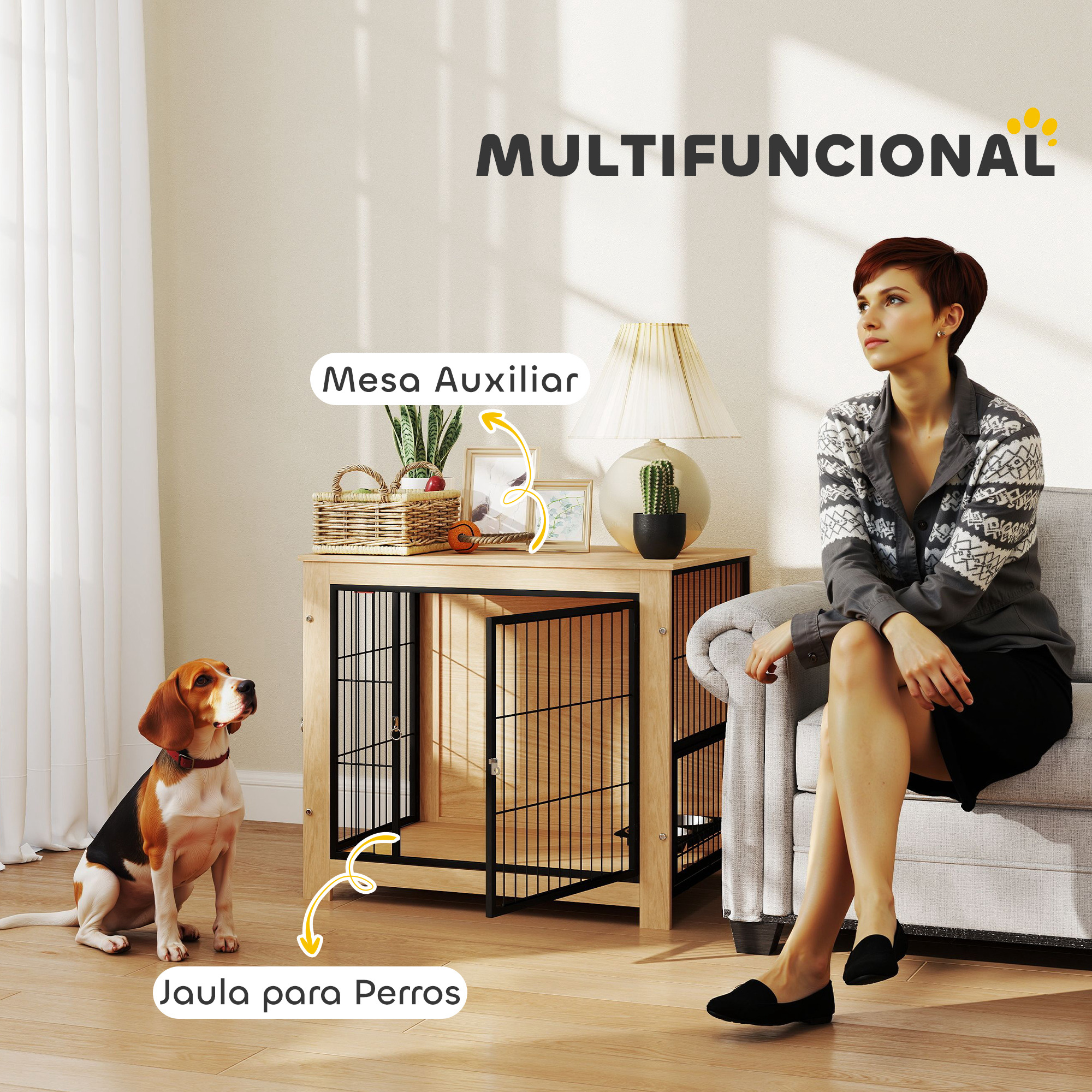 Una mujer está sentada cerca de una jaula para perros con un perro. La jaula está en un piso de madera. Una lámpara y plantas están encima.