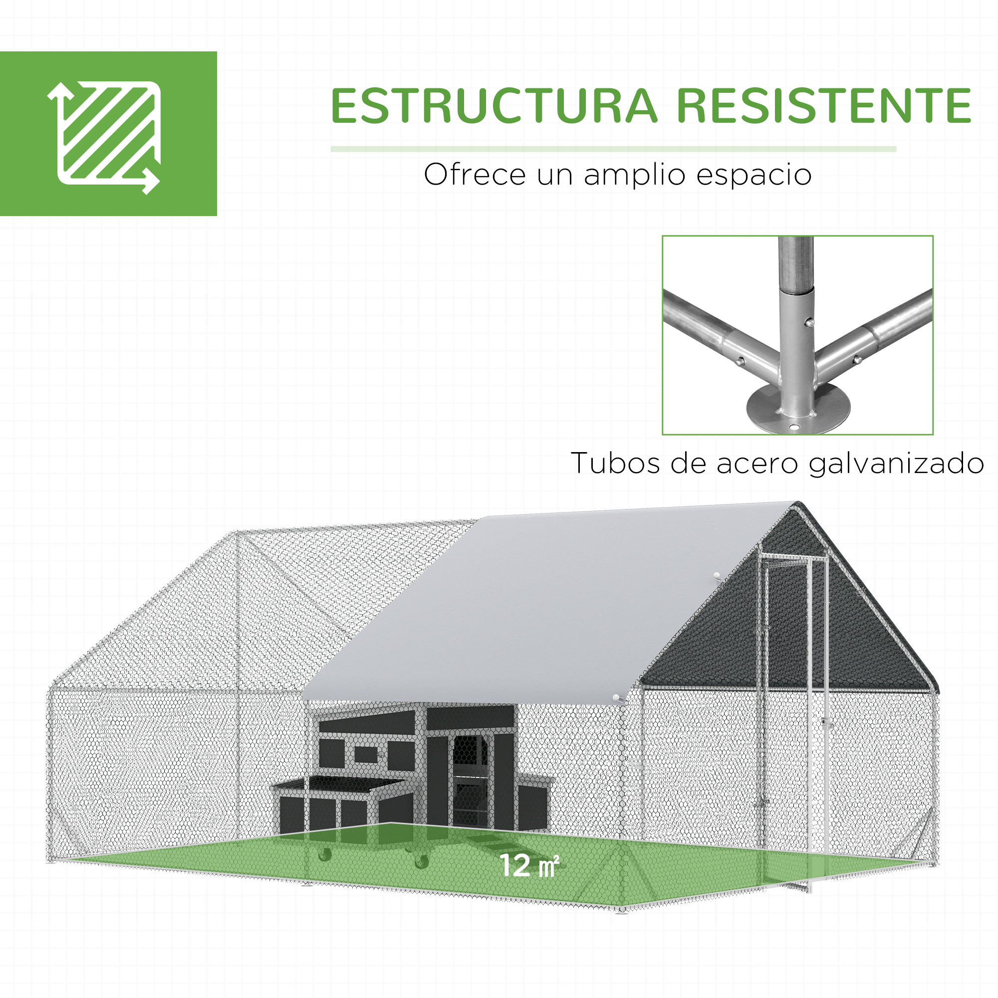 Un gallinero con techo gris, detalles negros y un cerco de malla de alambre. El suelo es verde y está etiquetado como '12 m²'.