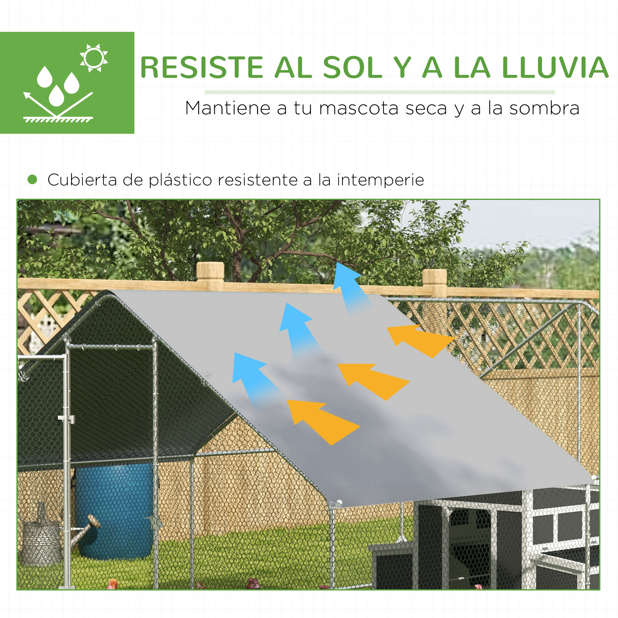 Gallinero con techo gris, flechas que indican el flujo de aire. Fondo verde con texto sobre protección solar y lluvia.