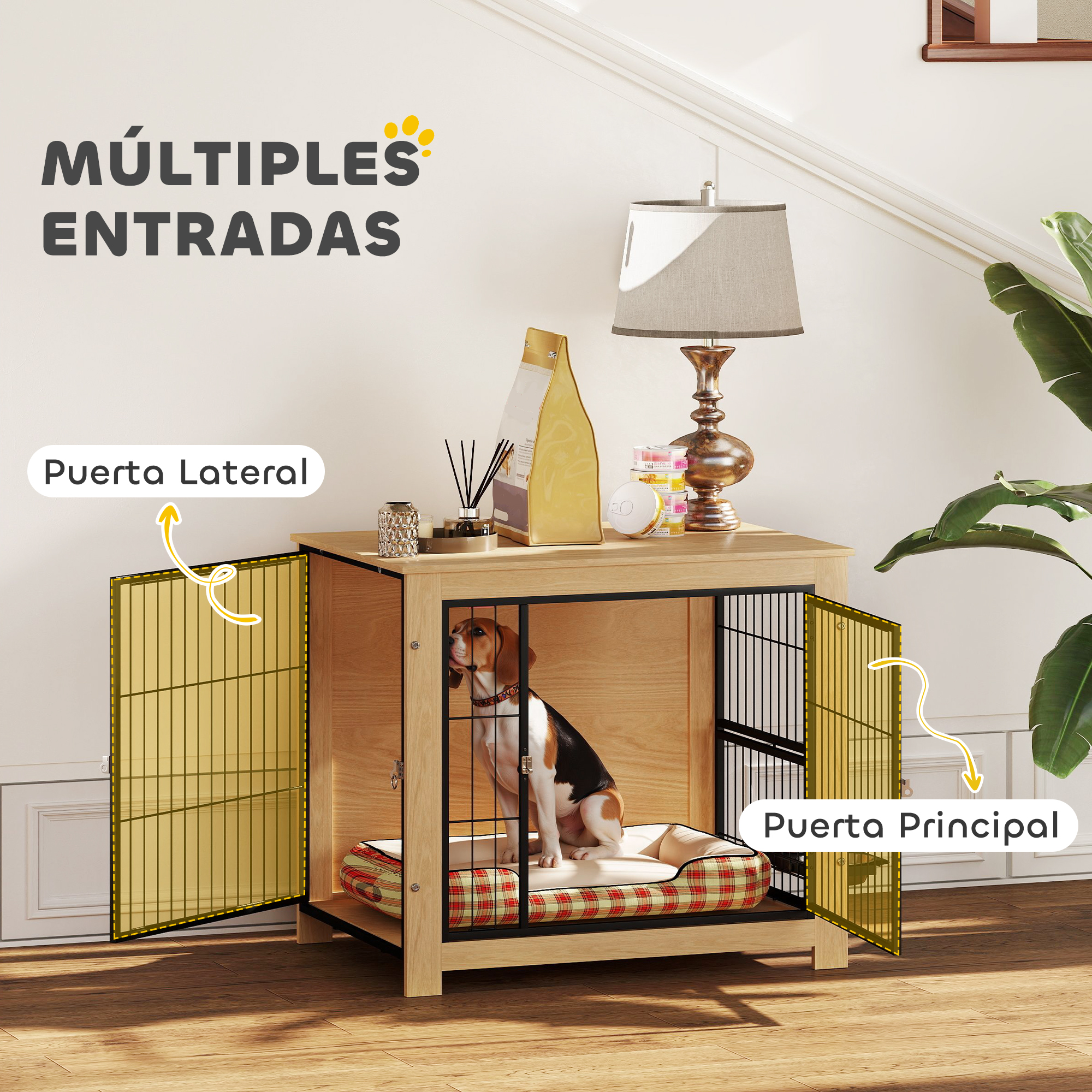 Un perro está sentado en una jaula de madera con las puertas abiertas. La jaula tiene una cama para perros. El texto en la imagen dice 'Múltiples entradas'.