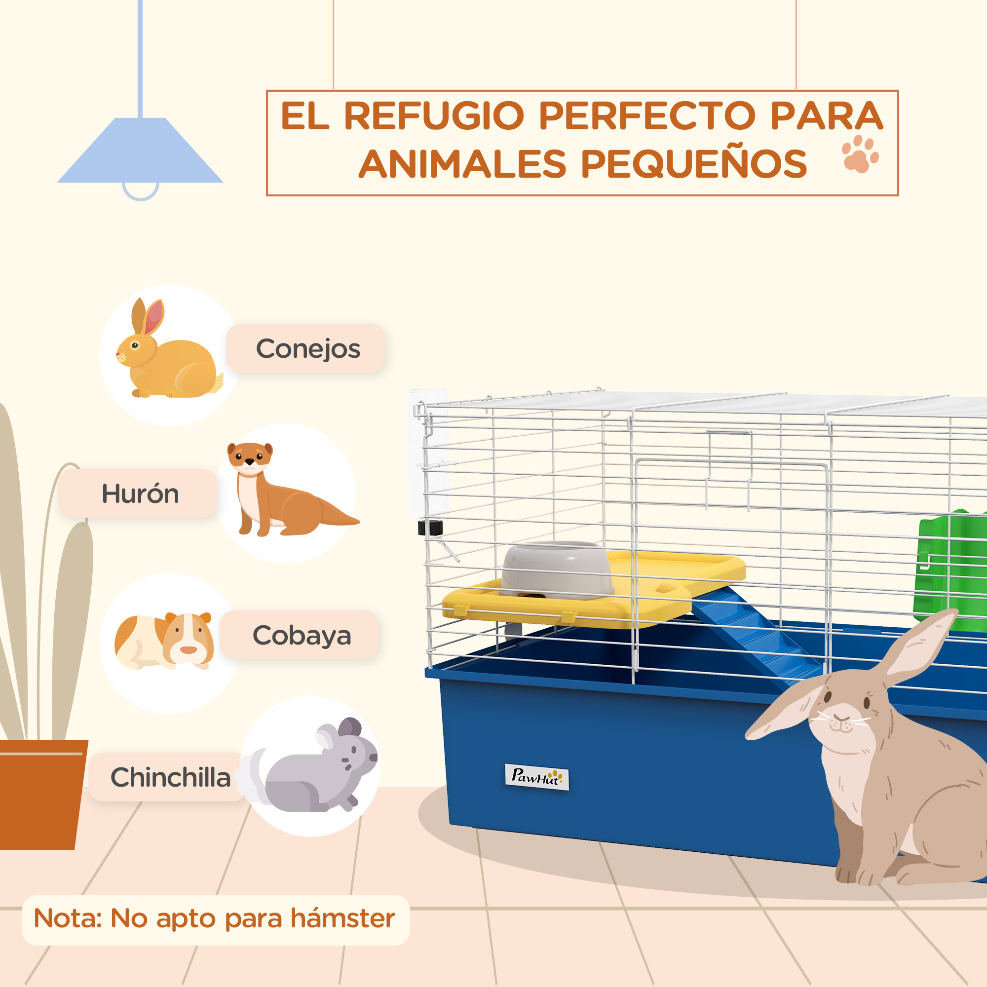 Imagen que promociona el hábitat para animales pequeños. Incluye ilustraciones de un conejo, hurón, cobaya y chinchilla. Se presenta una jaula.