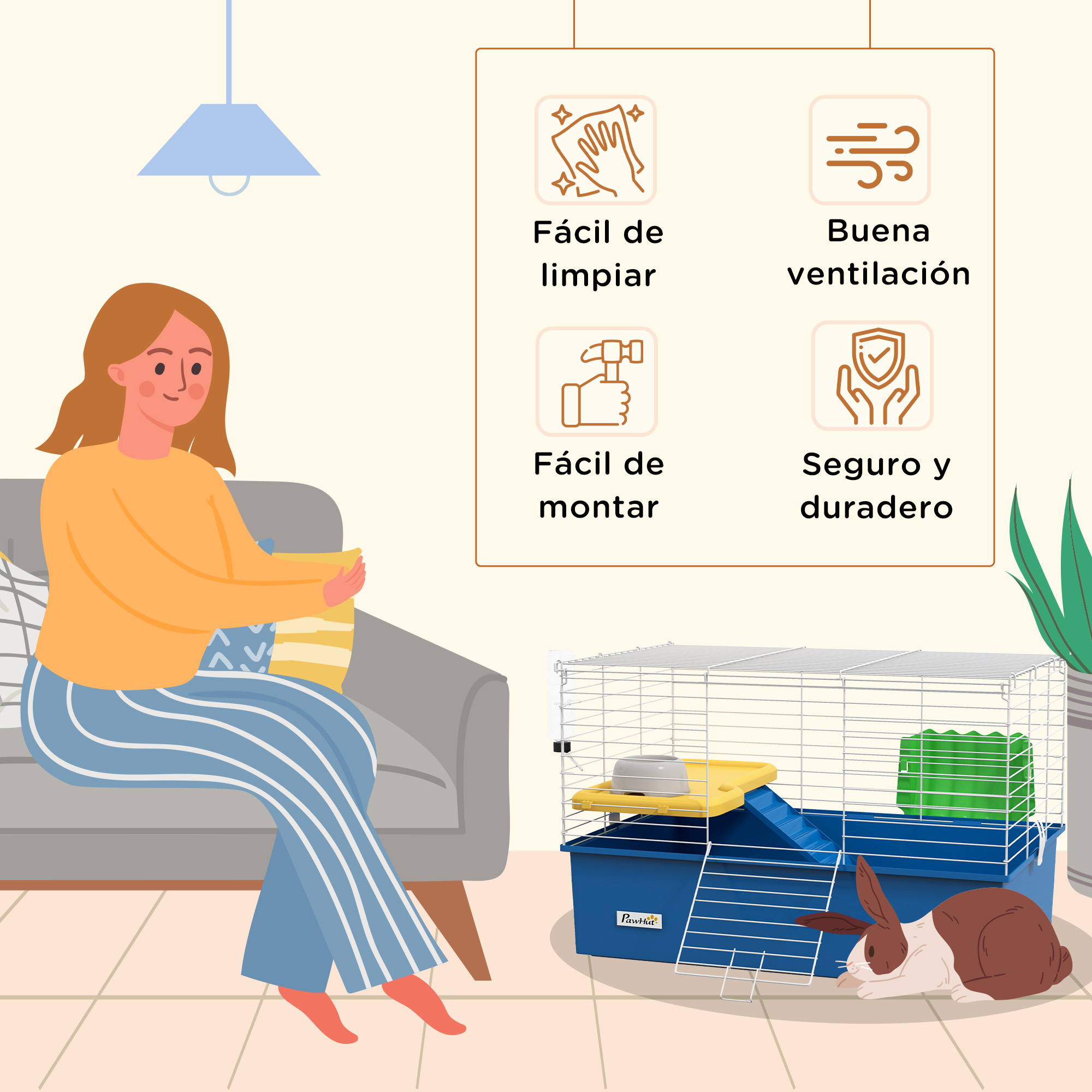 Mujer sentada con una jaula de conejos. Un conejo marrón y blanco está en la jaula. La jaula tiene comida, agua y una rampa.