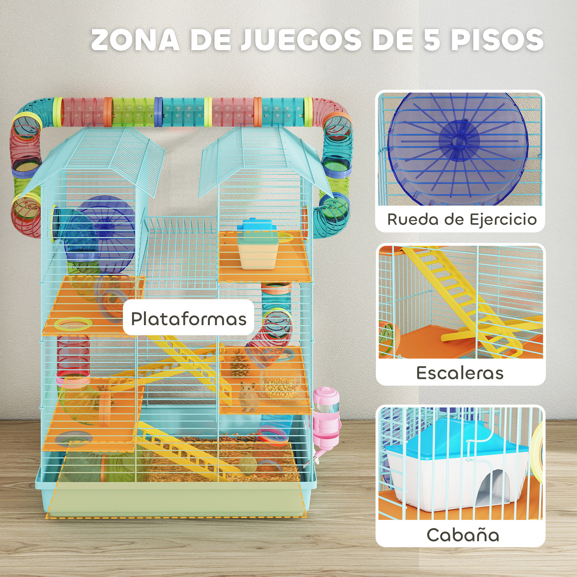 Una jaula para hámsteres de varios niveles con túneles, plataformas, una rueda, escaleras y una casita. Es azul y naranja.