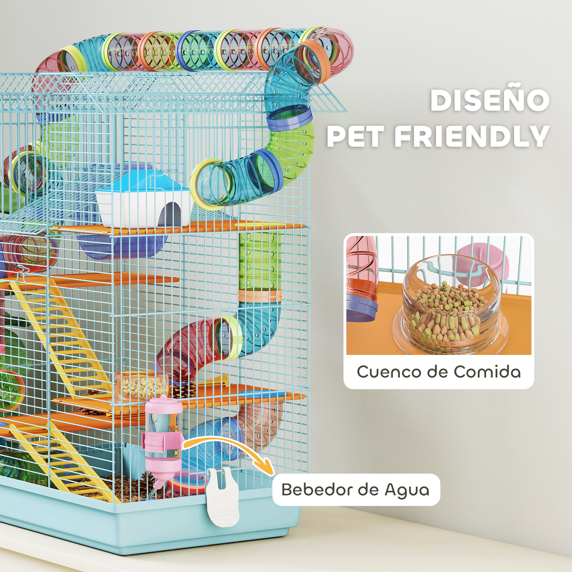 Una jaula azul para hámsteres con tubos coloridos, escaleras y un comedero. Tiene un dispensador de agua y una casita.