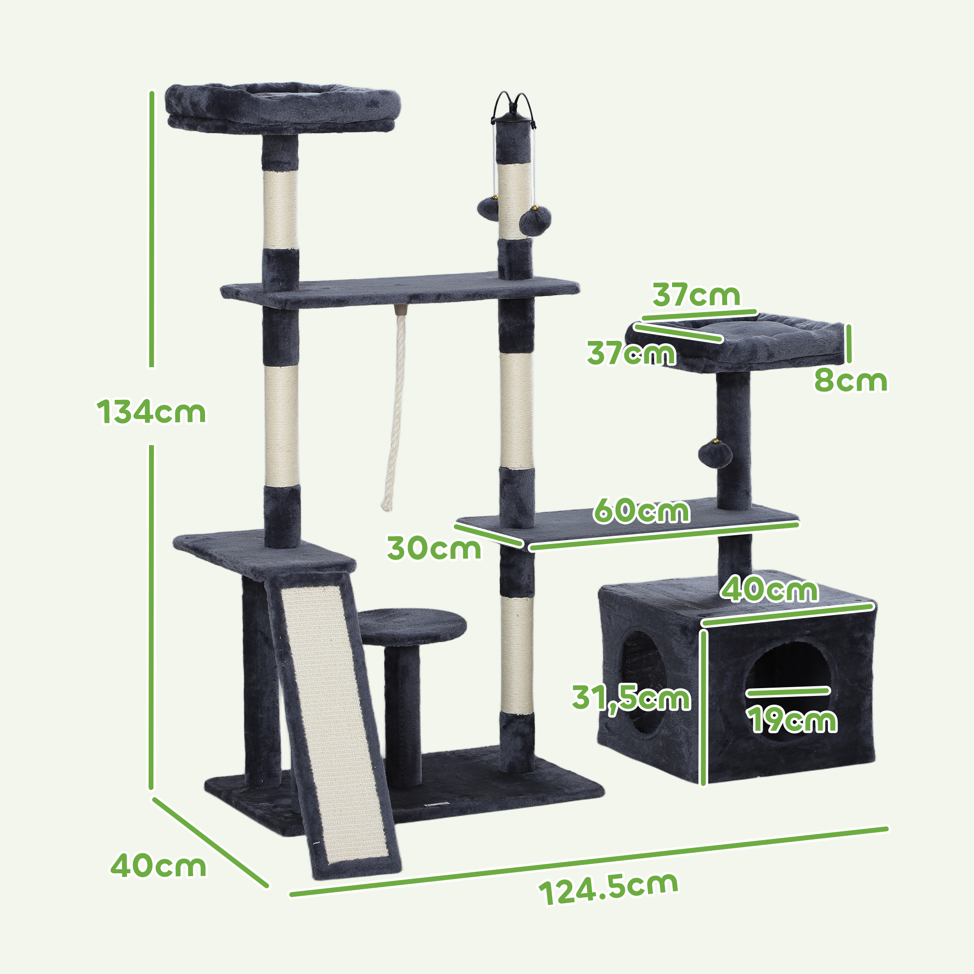 Árbol para gatos con múltiples niveles, postes rascadores, una rampa y un escondite cúbico, todo en tonos grises.