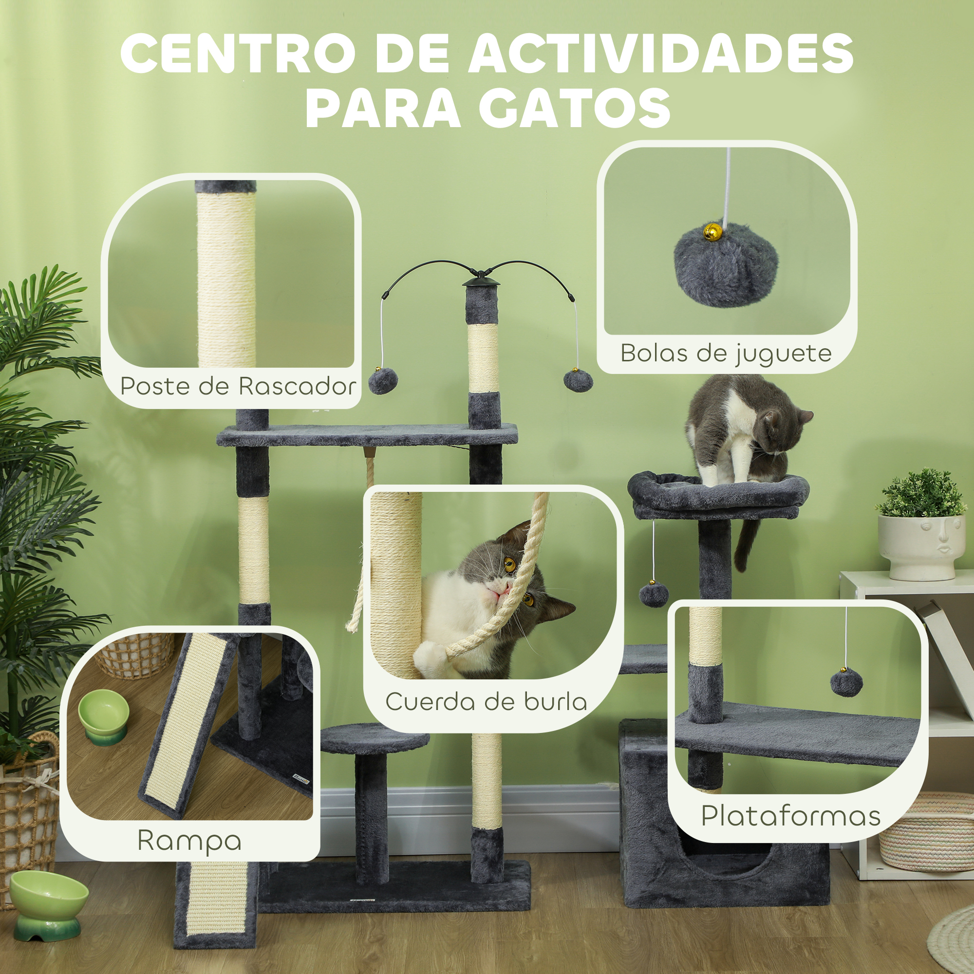 Un árbol para gatos con postes rascadores, plataformas, una rampa, bolas de juguete y una cuerda. Un gato jugando en él.