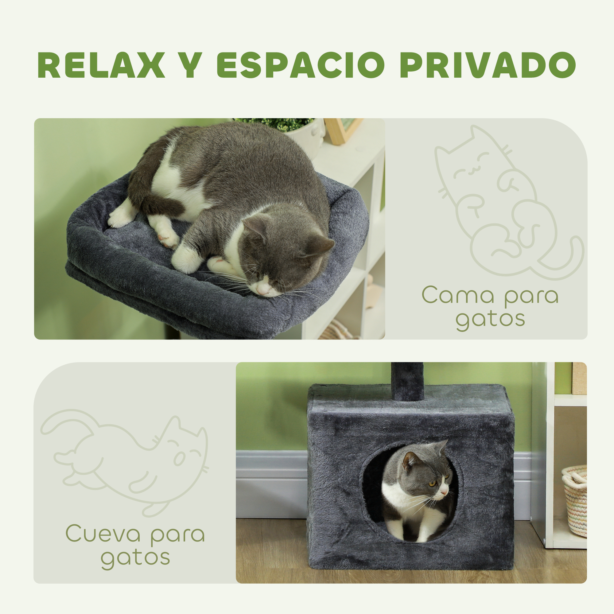Un gato gris y blanco descansa en una cama para gatos. Un segundo gato mira desde una casa para gatos en un árbol para gatos.