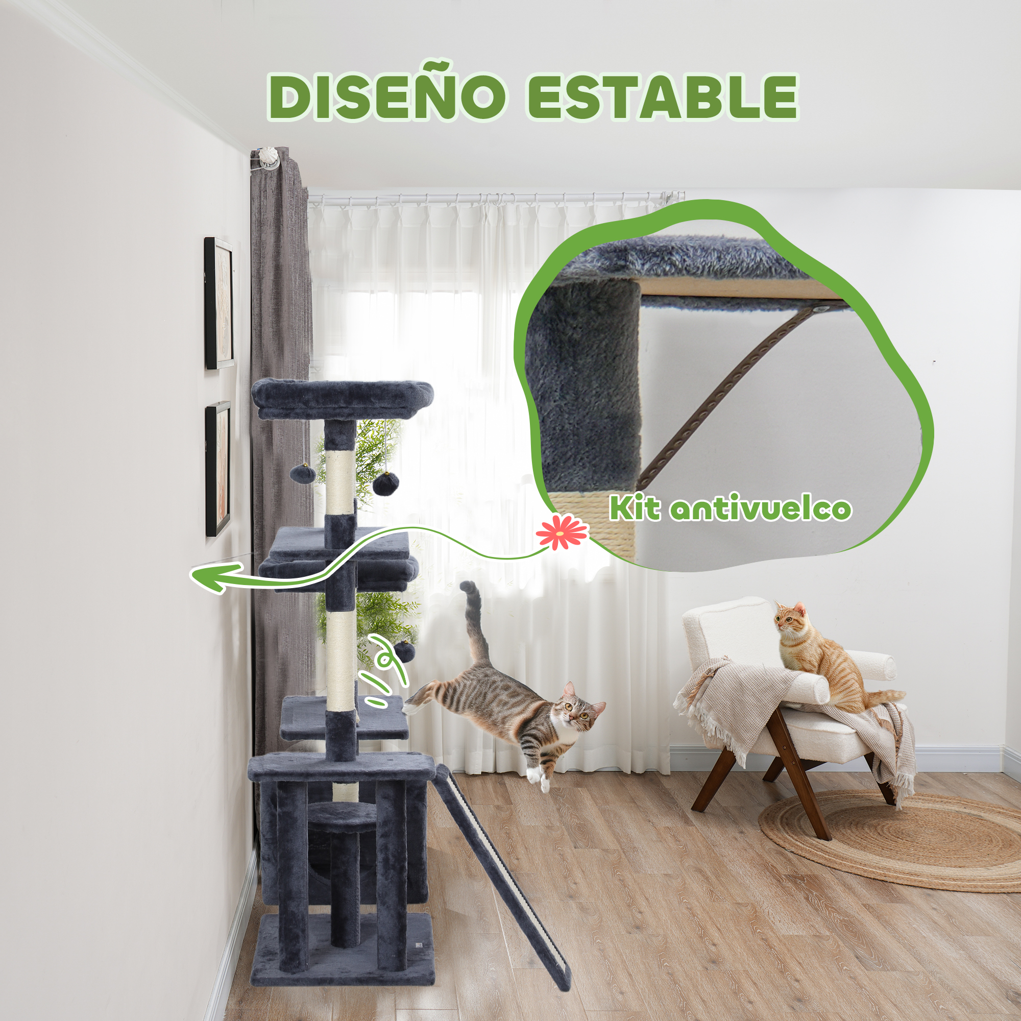 Un árbol para gatos, dos gatos, uno saltando. Se muestra un kit antivuelco. Las palabras "DISEÑO ESTABLE" están escritas.