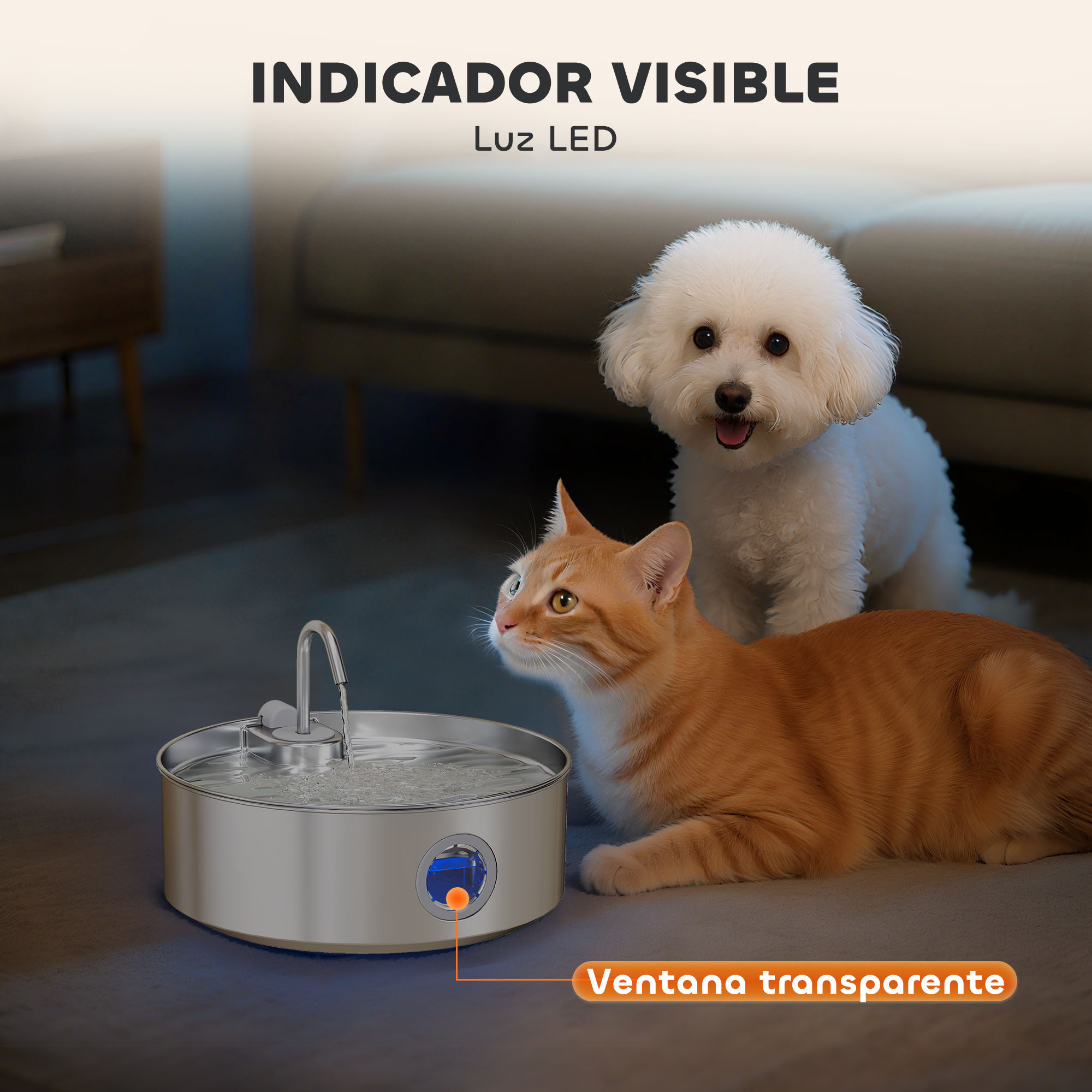 Un gato y un perro cerca de una fuente de agua para mascotas. El gato es naranja, el perro es blanco. Hay un indicador visible.