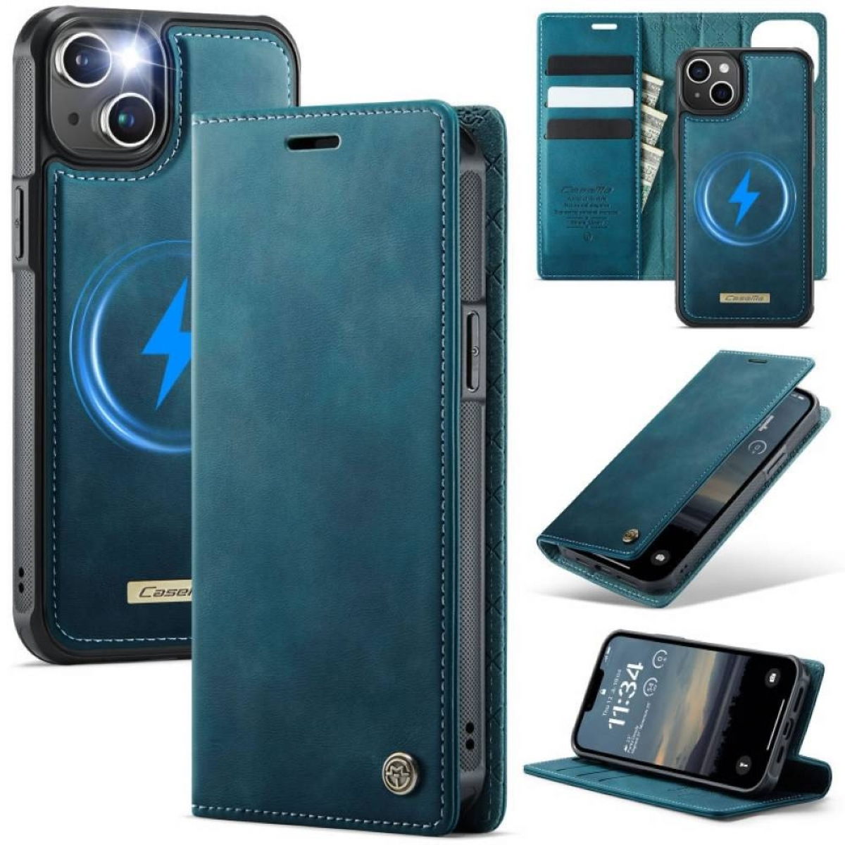 Eine teal-farbene Leder-Handyhülle mit einem Blitzsymbol. Mehrere Ansichten zeigen die Hülle geschlossen, offen mit Telefon und Kartenfächern.