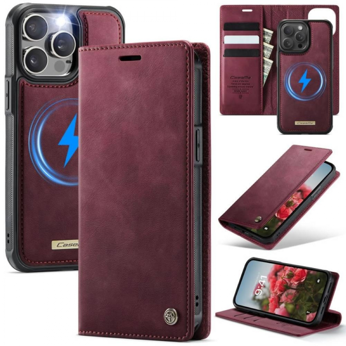 Eine bordeauxrote Leder-Handyhülle mit einem Telefon darin, das einen blauen Blitz zeigt. Es werden mehrere Winkel gezeigt.