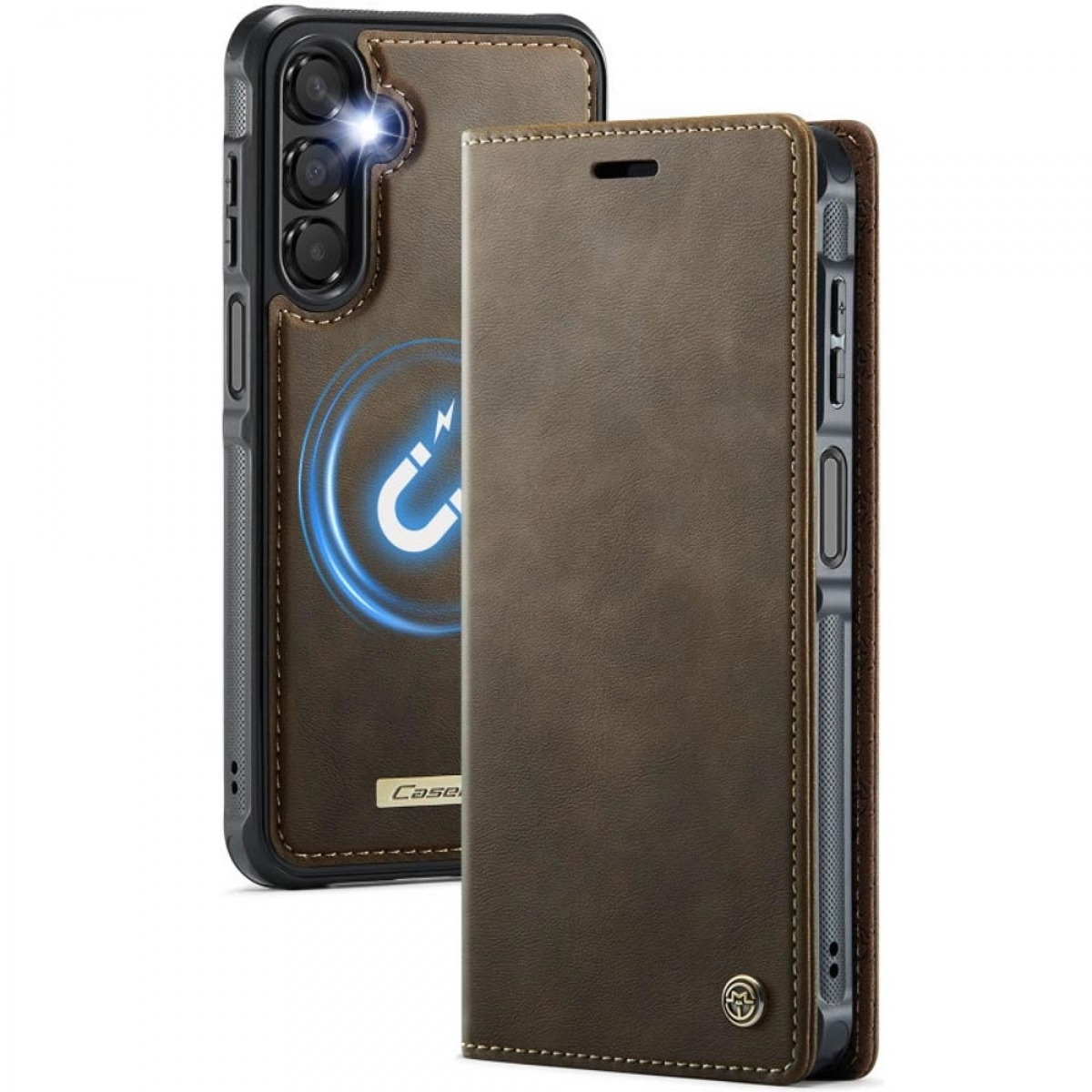 Braune Leder-Handyhülle mit Magnetverschluss. Enthält das Telefon, die offene und geschlossene Hülle, alles mit einem Nahtdesign.